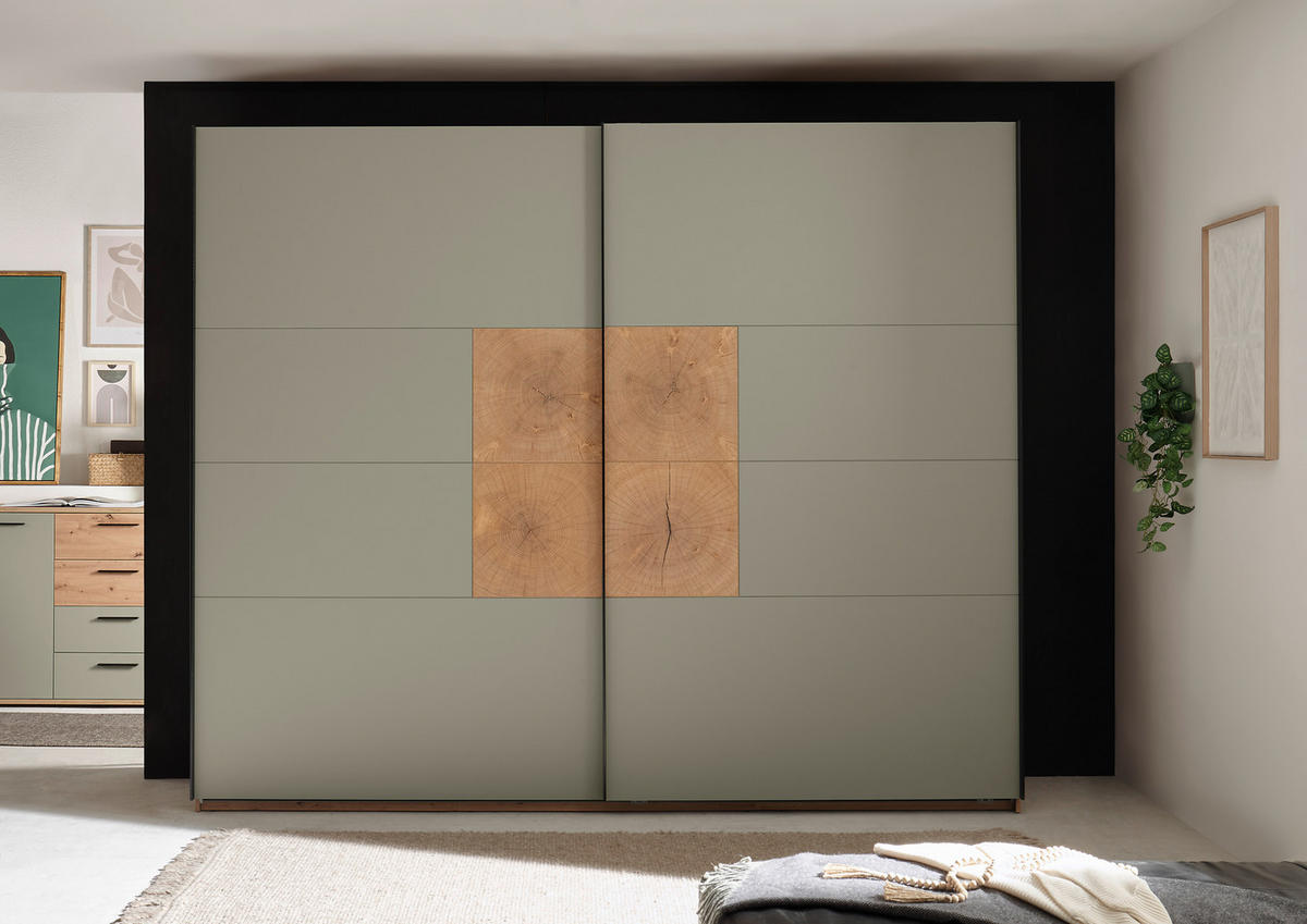 SCHWEBETÜRENSCHRANK  in Salbeigrün, Eiche Artisan  - Salbeigrün/Schwarz, KONVENTIONELL, Holzwerkstoff/Metall (270/225,5/63,7cm) - Xora
