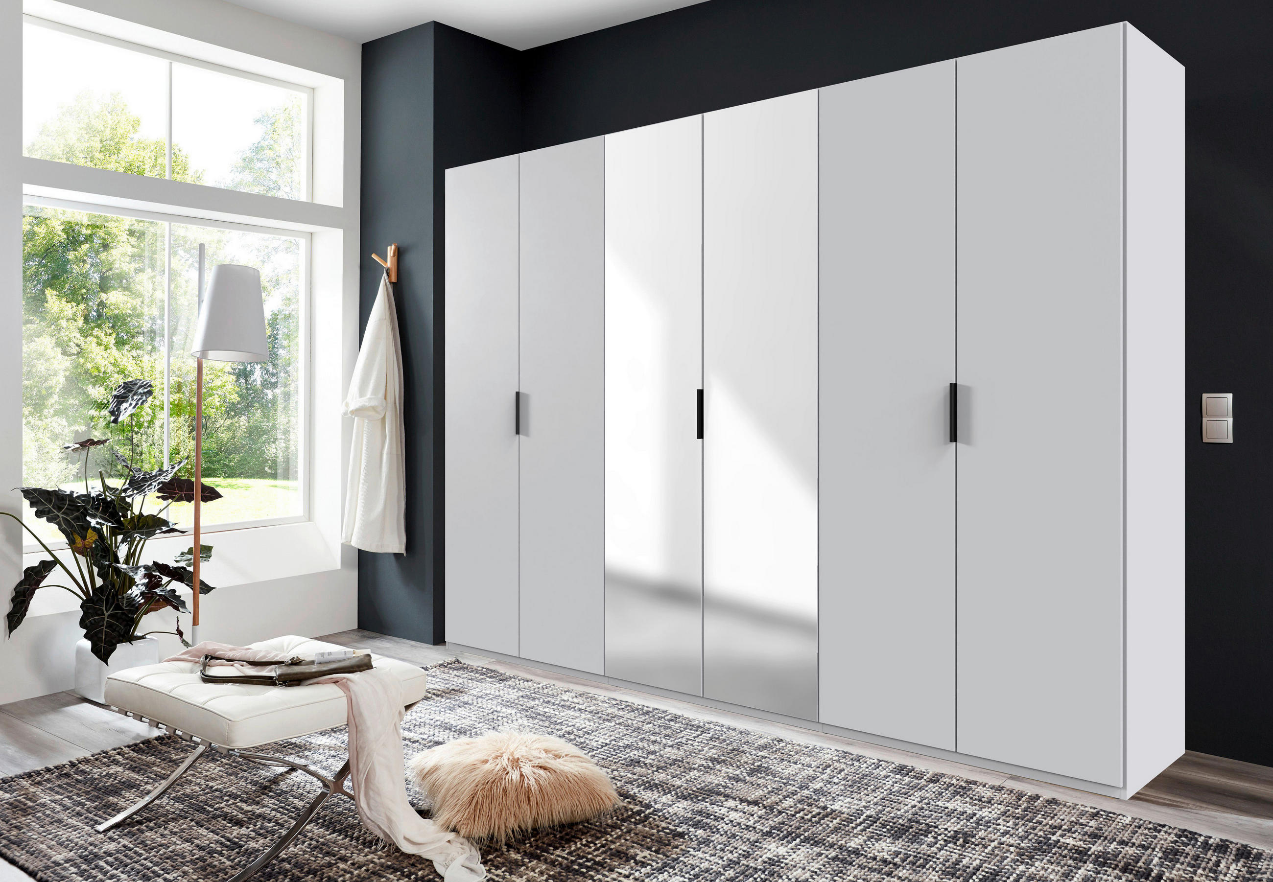 FALTTÜRENSCHRANK 300/216/58 cm 6-türig Weiß  - Schwarz/Weiß, Design, Glas/Holzwerkstoff (300/216/58cm) - Boxxx