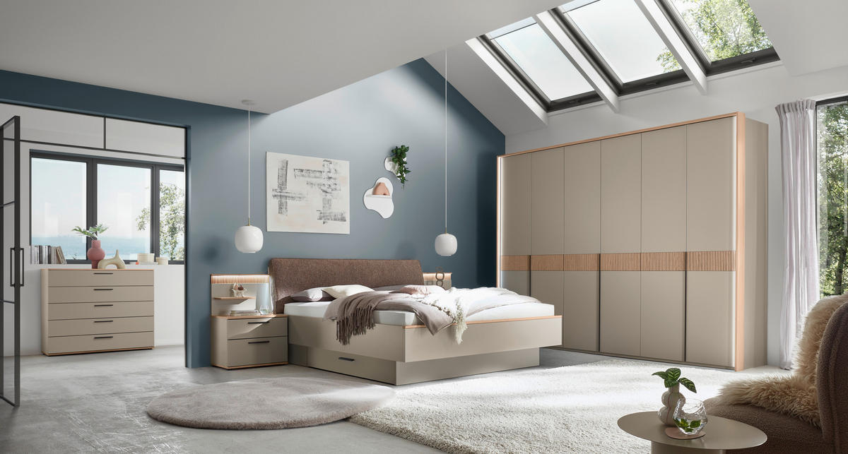 BETT 180/200 cm,  in Taupe, Eiche Bianco, gepolstertes Kopfteil,  - Taupe/Eiche Bianco, Design, Holz (180/200cm) - Dieter Knoll