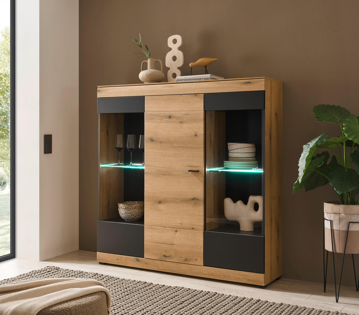 HIGHBOARD , 140/141/35 cm,  - Eichefarben/Schwarz, Design, Glas/Holzwerkstoff (140/141/35cm) - MID.YOU