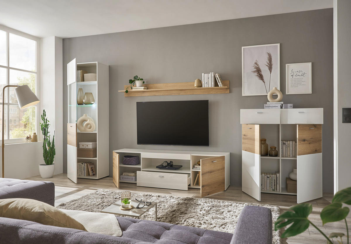 REGAL ZA DNEVNI BORAVAK bijela, boje hrasta, bijela visoki sjaj   - bijela/srebrne boje, Design, staklo/drvni materijal (310/195/40cm) - Carryhome