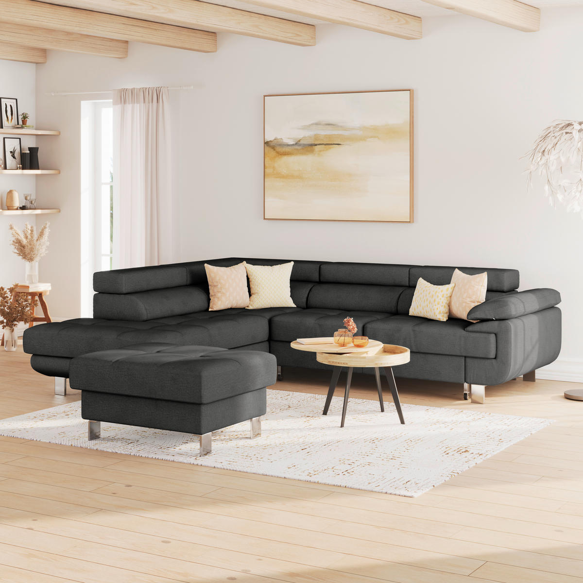HÖRNSOFFA i dräll svart  - svart, Modern, metall/textil (230/270cm) - MID.YOU
