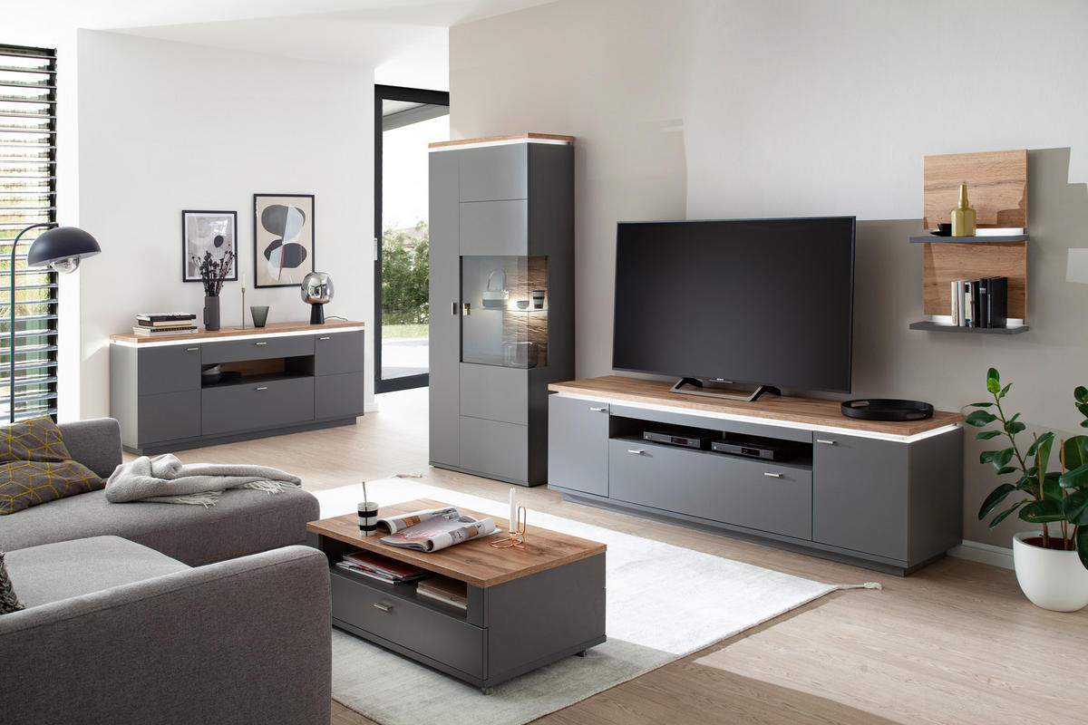 WOHNWAND  in Grau, Eiche Wotan 335/208/50 cm  - Eiche Wotan/Grau, Design, Glas/Holzwerkstoff (335/208/50cm) - Stylife
