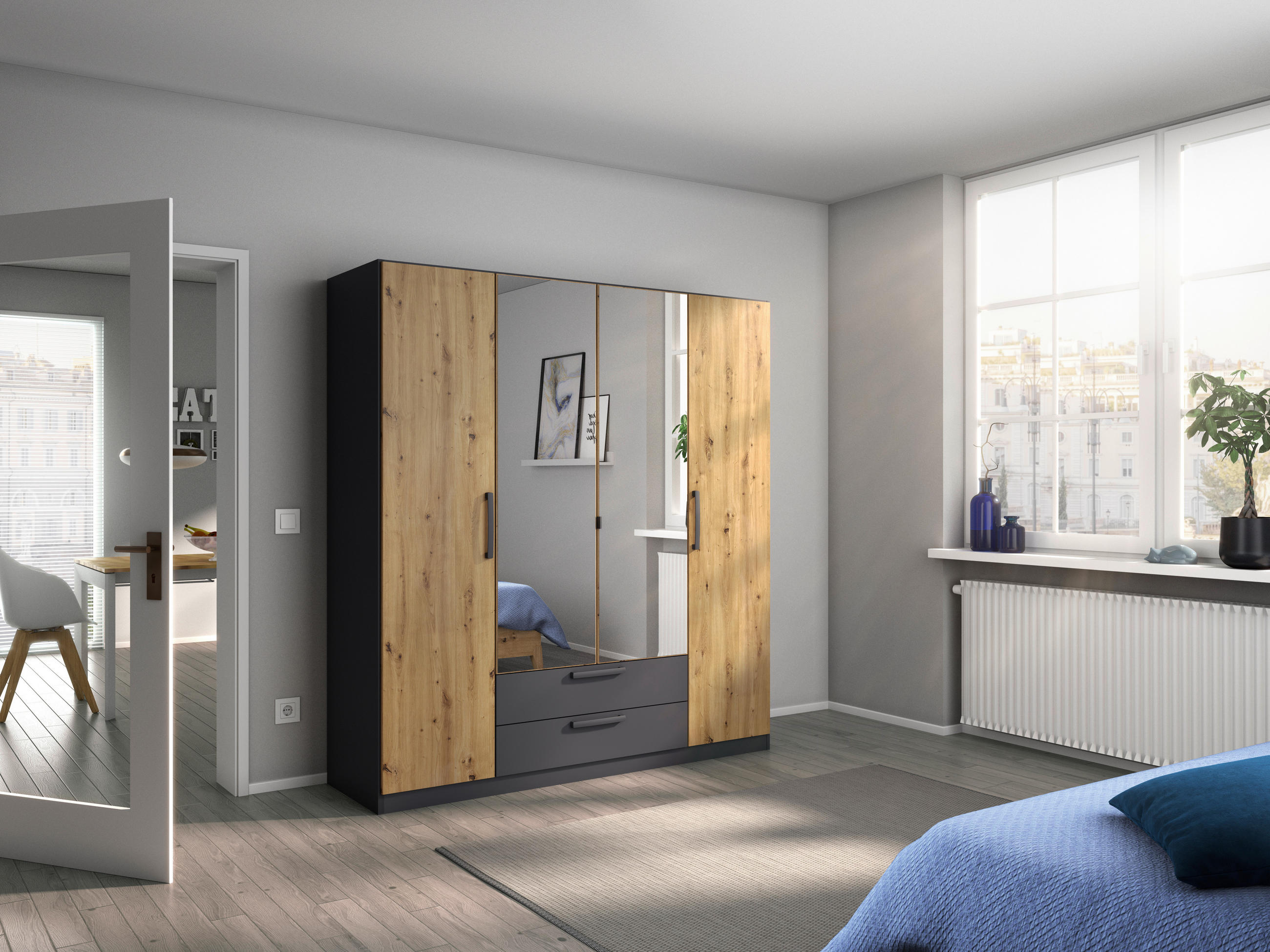 GARDEROB MED GÅNGJÄRN 181/197/54 cm 4-dörrar - ek Artisan/grå, Modern, trämaterial/plast (181/197/54cm) - Rauch Möbel