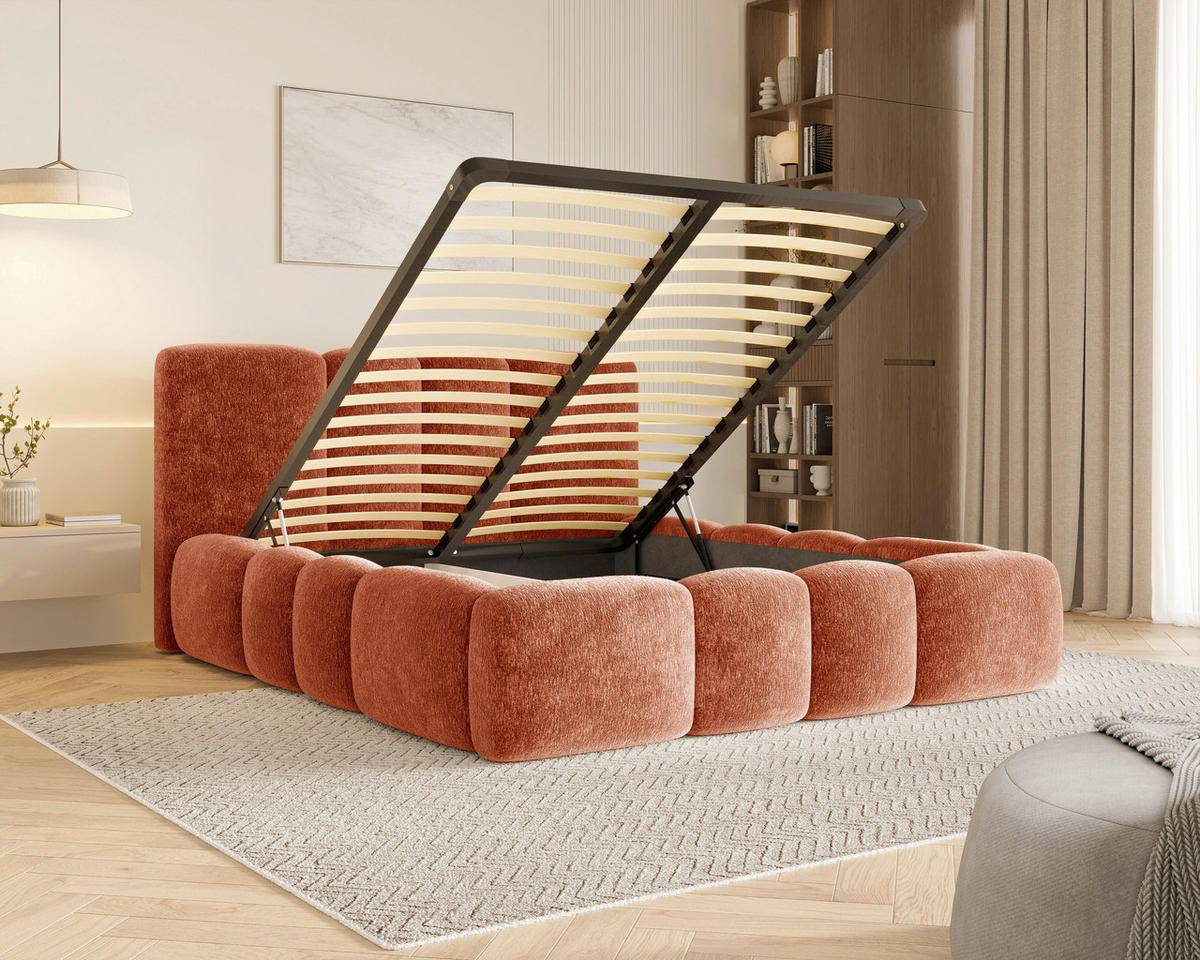 POLSTERBETT 160/200 cm,  in Terracotta, Lattenrost, Bettkasten,  - Terracotta/Schwarz, MODERN, Textil/Metall (160/200cm) - Livetastic