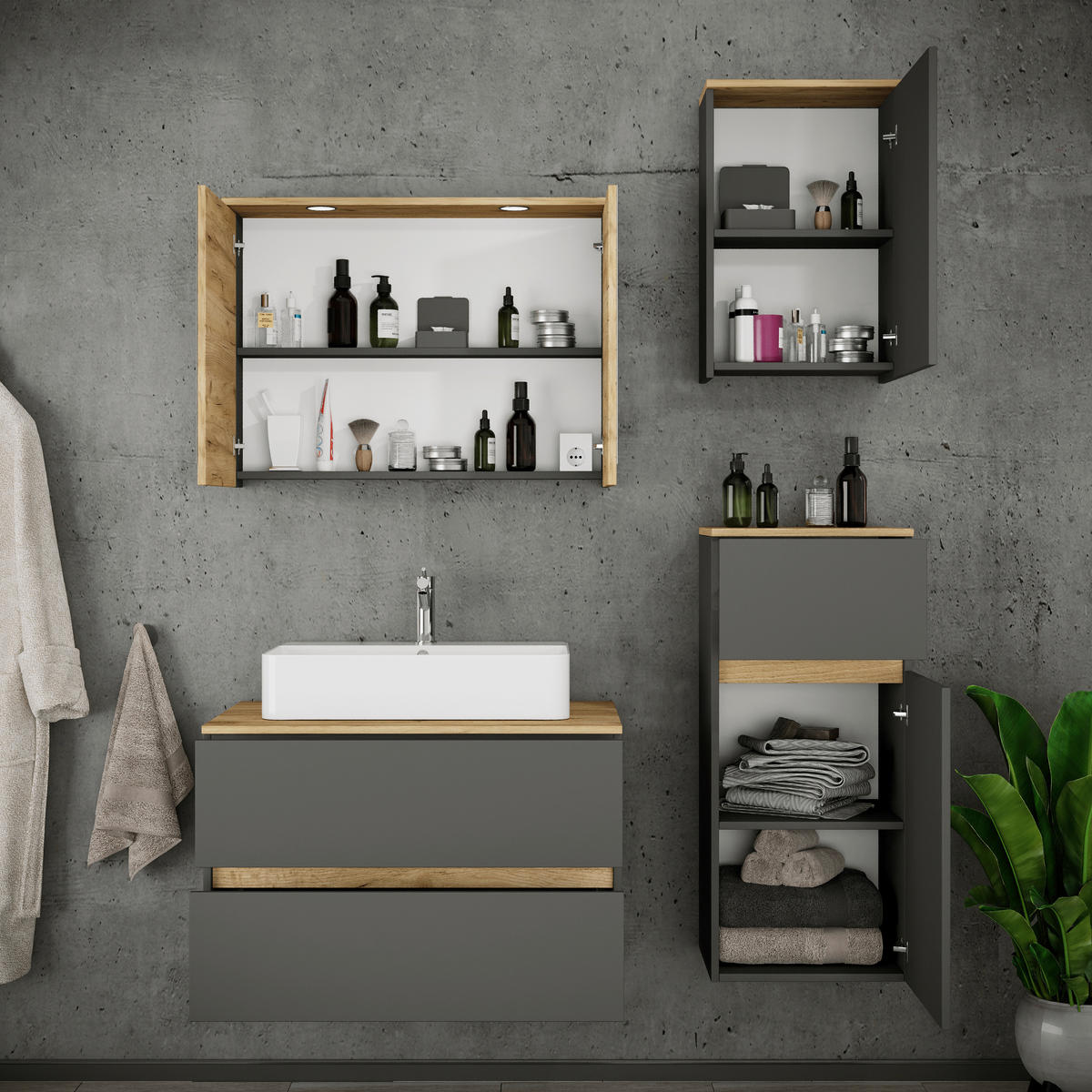 BADEZIMMER 5-teilig  in 120 cm  - Honigeiche/Anthrazit, Trend, Keramik/Holzwerkstoff (120cm) - MID.YOU