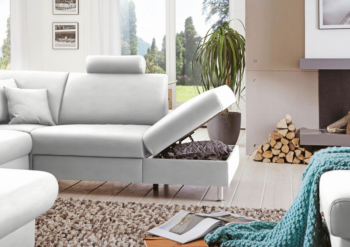 WOHNLANDSCHAFT in Echtleder Weiss  - Weiss/Alufarben, Design, Leder/Metall (165/339/233cm) - Beldomo Premium