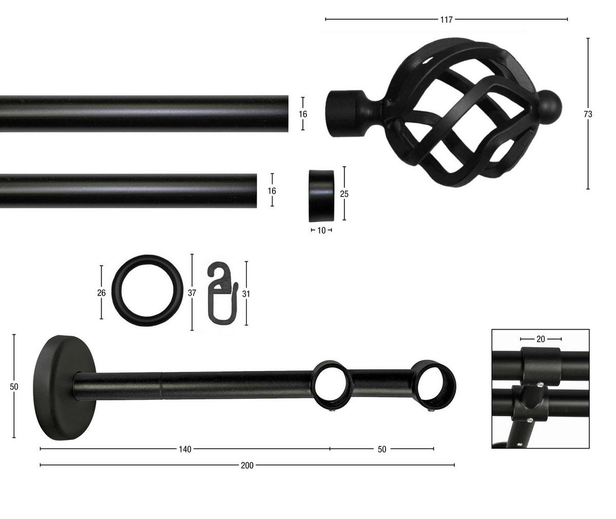 VORHANGSTANGE 230 cm  - Schwarz, KONVENTIONELL, Metall (230cm)