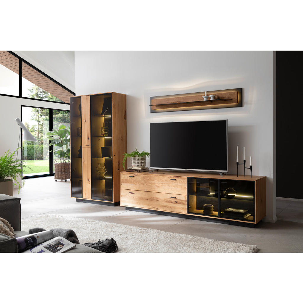 Thumbnail - Linea Natura Vitrine, Anthrazit, Eiche, Metall, Balkeneiche, furniert, massiv, 8 Fächer, 100x190x37 cm, Wohnzimmer, Wohn...