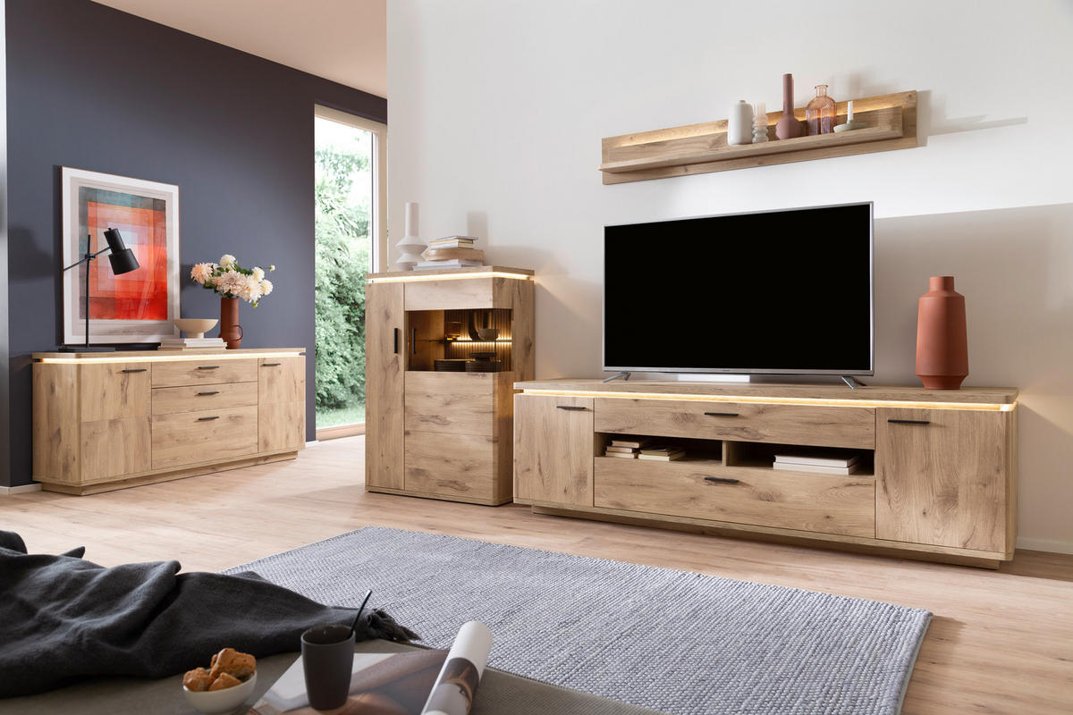 WOHNWAND 3-teilig  in Eichefarben  310/181/50 cm  - Eichefarben/Anthrazit, KONVENTIONELL, Glas/Holzwerkstoff (310/181/50cm) - Cantus