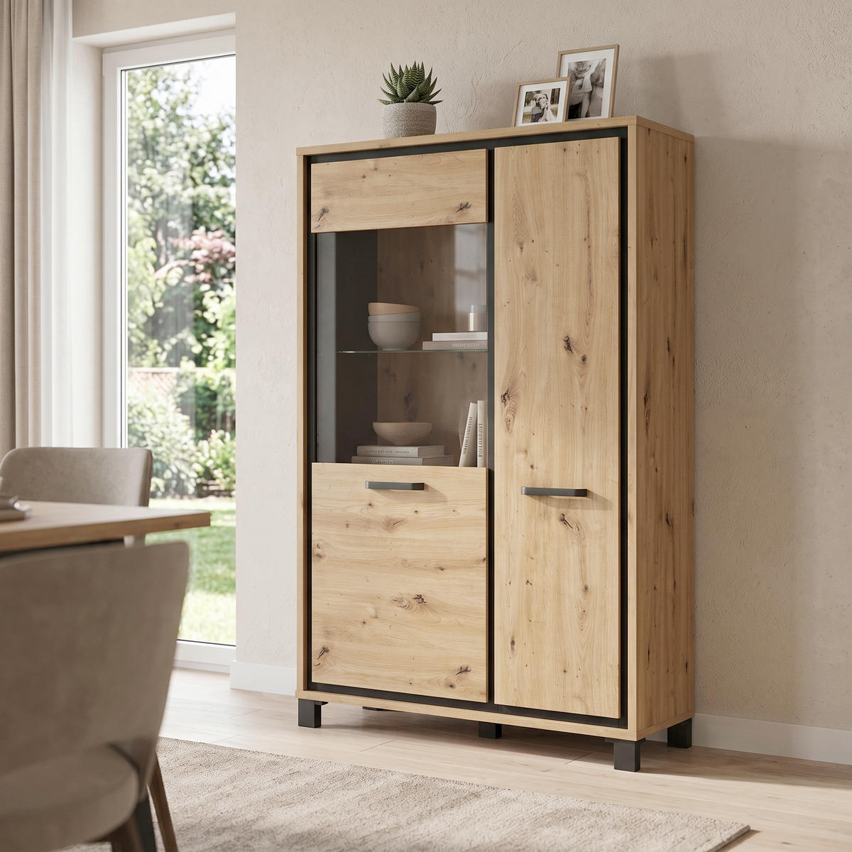 HIGHBOARD  101.4/161/41.5 cm  - Eichefarben/Schwarz, Basics, Glas/Holzwerkstoff (101.4/161/41.5cm) - Livetastic