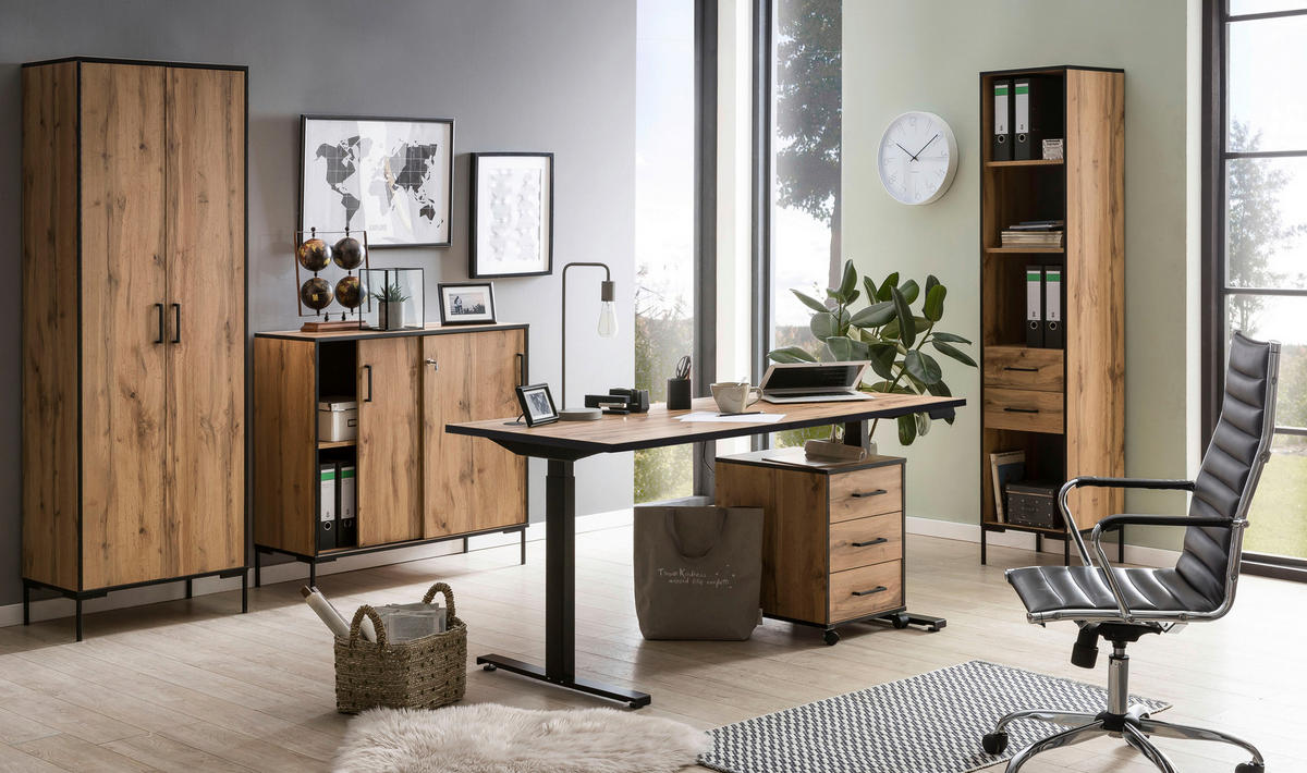 SCHREIBTISCH höhenverstellbar  - Eichefarben/Schwarz, KONVENTIONELL, Holzwerkstoff/Metall (160/75/73-117,5cm) - MID.YOU