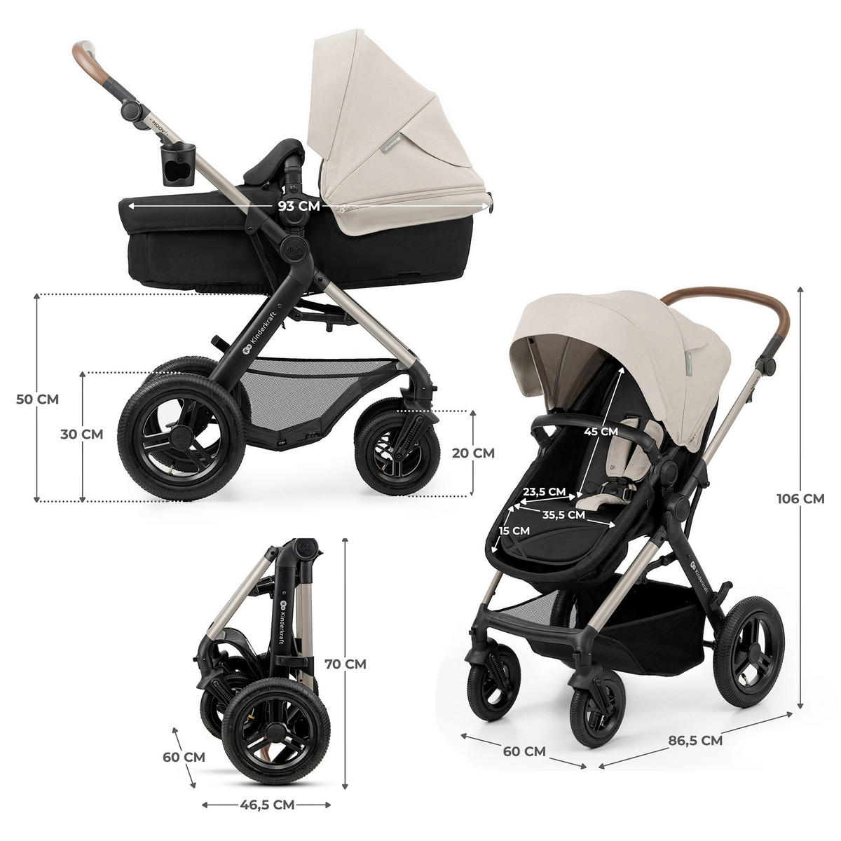 KINDERWAGENSET Moov 2 Air 3in1  - Greige/Goldfarben, Basics, Textil/Metall (60/86,5/106cm) - Kinderkraft
