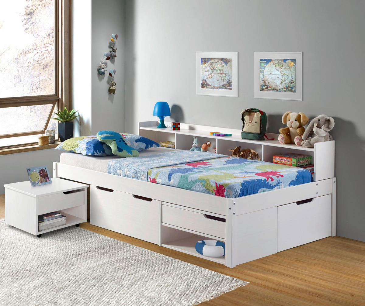STAURAUMBETT 90/200 cm  in Weiss   - Weiss/Naturfarben, Basics, Holz (90/200cm) - MID.YOU