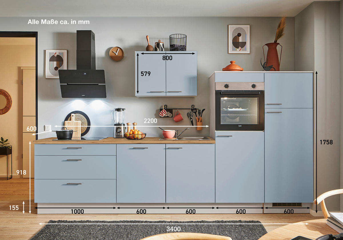 KÜCHENBLOCK PN 105 340 cm  in Eichefarben, Kaschmir, Pastellblau  - Kaschmir/Edelstahlfarben, Design, Holzwerkstoff/Metall (340cm) - Pino