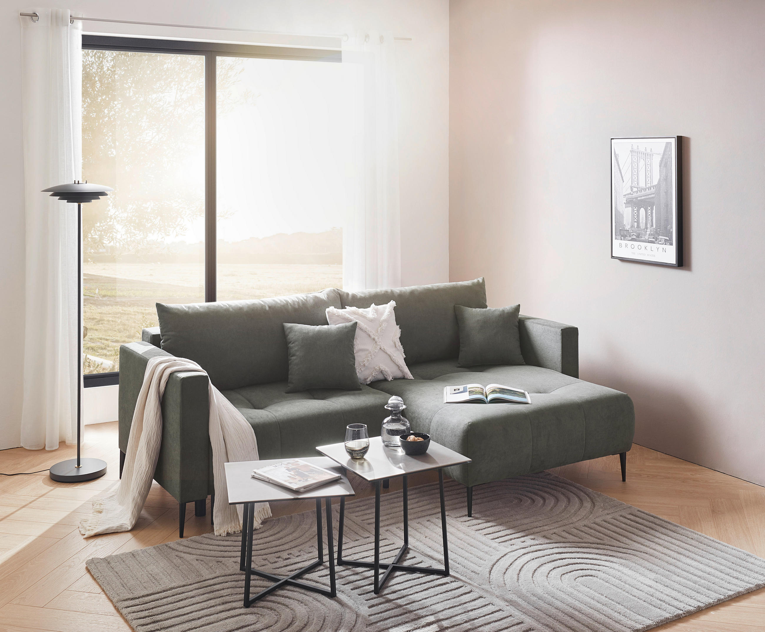 ECKSOFA Schlammfarben Velours  - Schlammfarben/Schwarz, KONVENTIONELL, Textil/Metall (226/155cm) - Carryhome