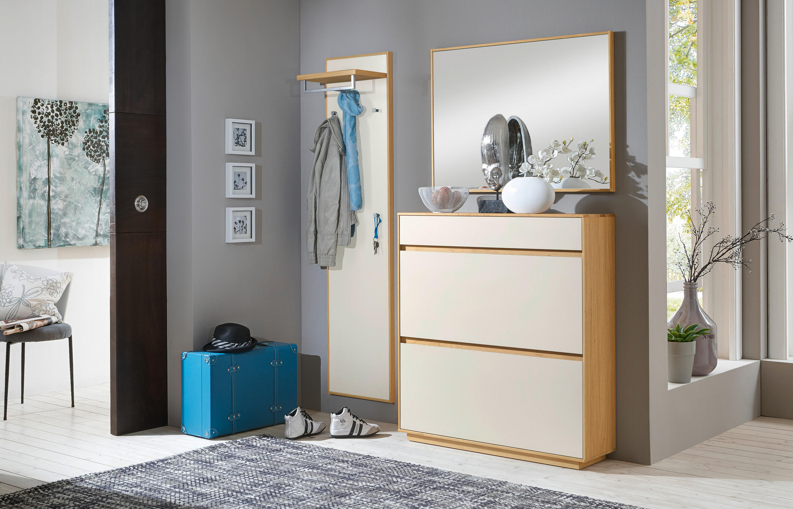 GARDEROBE Weiß, Eichefarben - Eichefarben/Weiß, Basics, Glas/Holz (155/195/31cm)