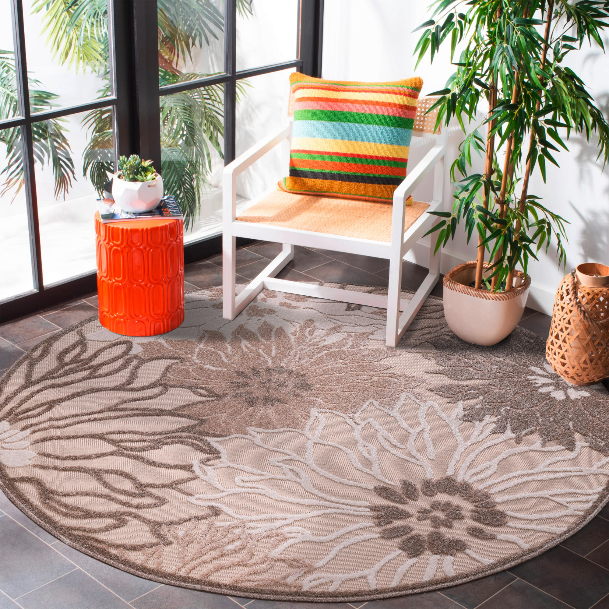 PREPROGA ZA ZUNANJO UPORABO Floral 150 cm tkano rjava, krem barve, bež - krem barve/bež, Trendi, umetna masa/tekstil (150cm)