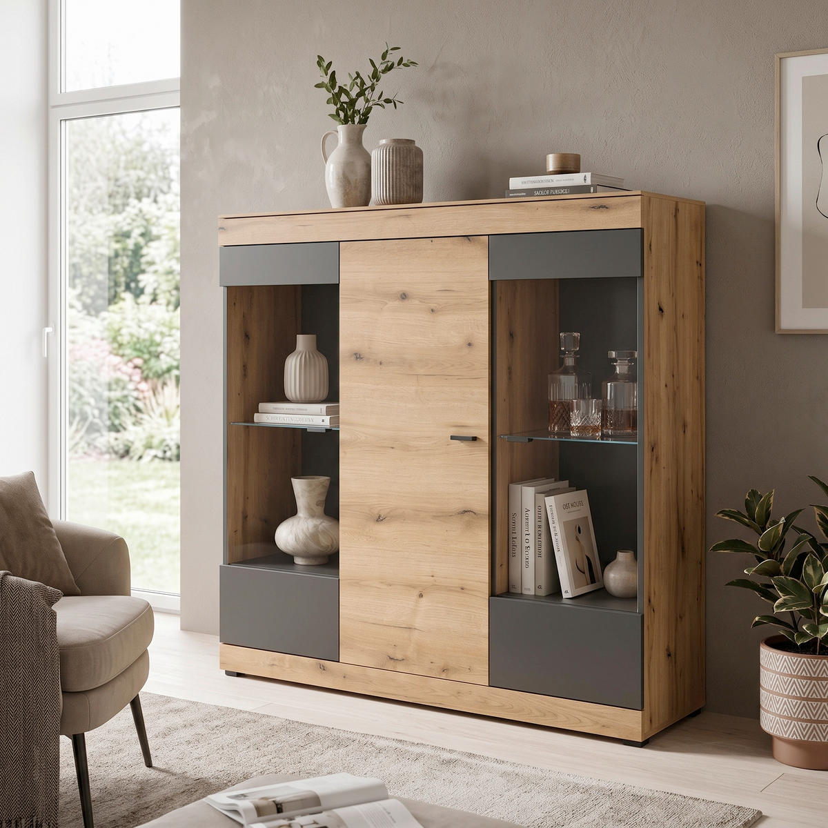 HIGHBOARD  140/141/35 cm  - Eichefarben/Graphitfarben, Design, Glas/Holzwerkstoff (140/141/35cm) - MID.YOU