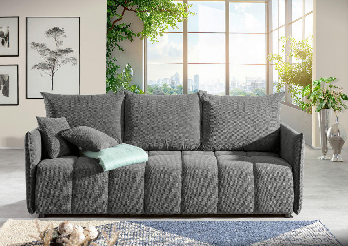 SCHLAFSOFA Plüsch Grau  inkl. Zierkissen, Rückenkissen, Bettkasten, Schlaffunktion, Rücken echt, Liegefläche im Originalstoff  - Schwarz/Grau, KONVENTIONELL, Kunststoff/Textil (200/73/105cm) - Carryhome