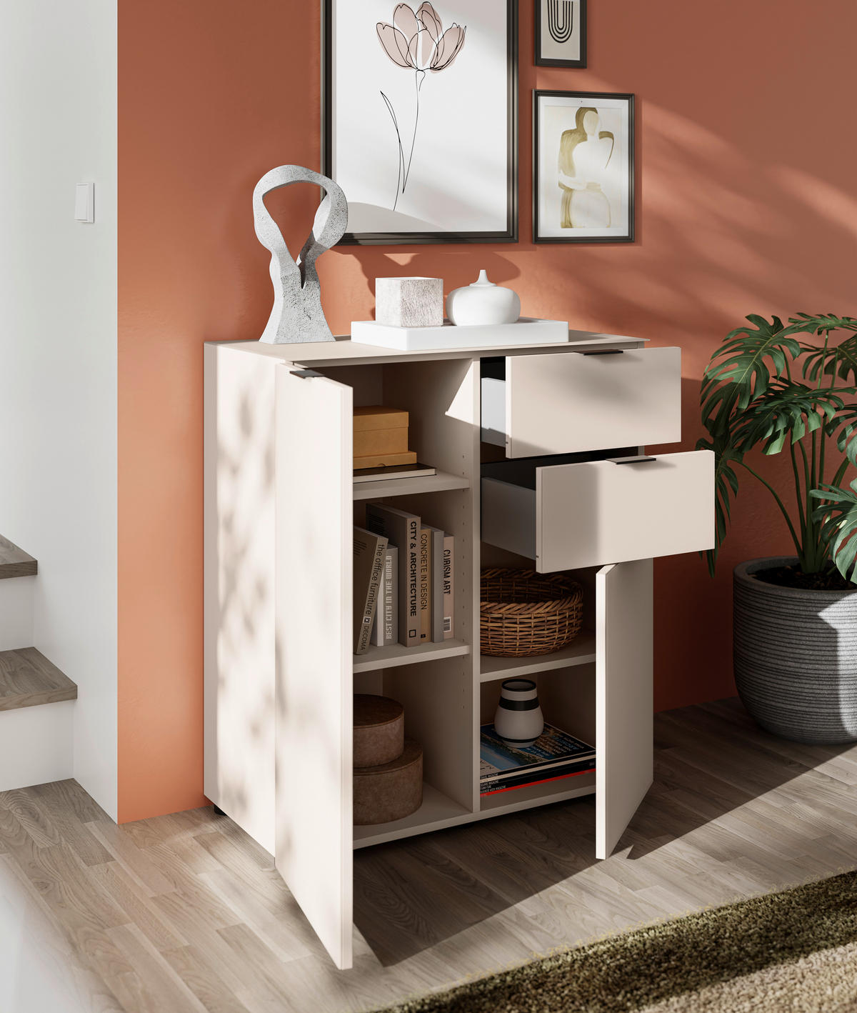 KOMMODE , 80/93/40 cm, 2 Schublade(n)  - Kaschmir/Schwarz, Basics, Glas/Holzwerkstoff (80/93/40cm) - Novel