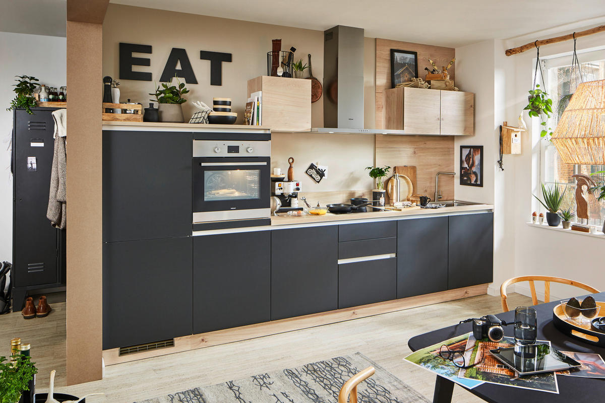 KÜCHENLEERBLOCK 360 cm   in Schwarz, Eichefarben  - Edelstahlfarben/Eichefarben, MODERN, Holzwerkstoff/Metall (360cm) - Welnova