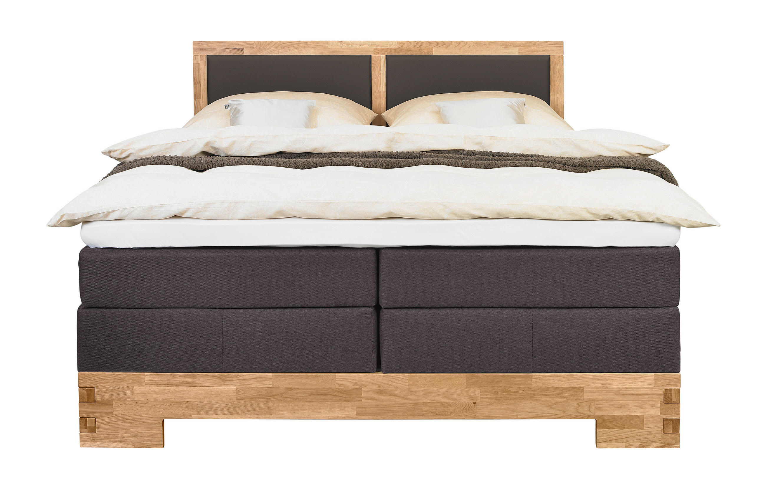 Thumbnail - Linea Natura Boxspringbett, Schlamm, Eiche, Textil, Wildeiche, massiv, H2 + H3, Höhe ca. 20 cm, 200x200 cm, in verschied...