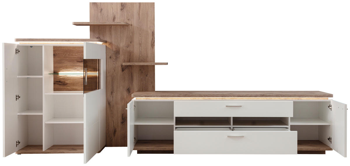 WOHNWAND 3-teilig  in Weiss, Eichefarben 305/168/50 cm  - Weiss/Eichefarben, Design, Glas/Holzwerkstoff (305/168/50cm) - Livetastic