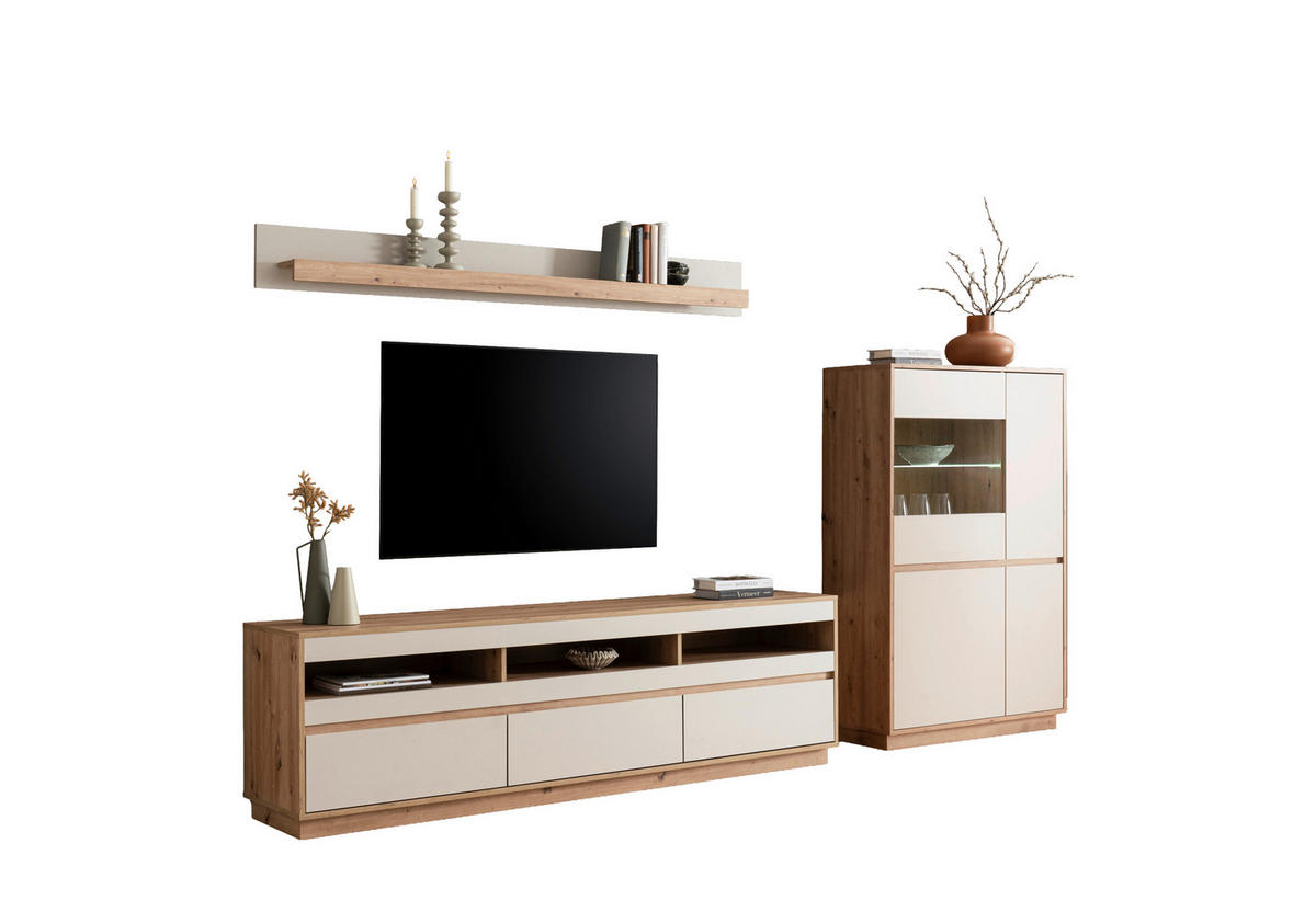 WOHNWAND 3-teilig  in Eiche Artisan  292/205/40 cm  - Kaschmir/Eiche Artisan, Design, Glas/Holzwerkstoff (292/205/40cm) - MID.YOU