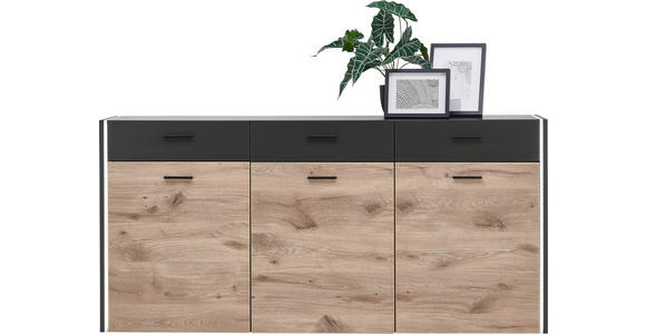 SIDEBOARD Grau, Eichefarben Beleuchtung, Fernbedienung, Einlegeböden  - Eichefarben/Schwarz, MODERN, Holzwerkstoff/Kunststoff (174/85/44cm) - Hom`in