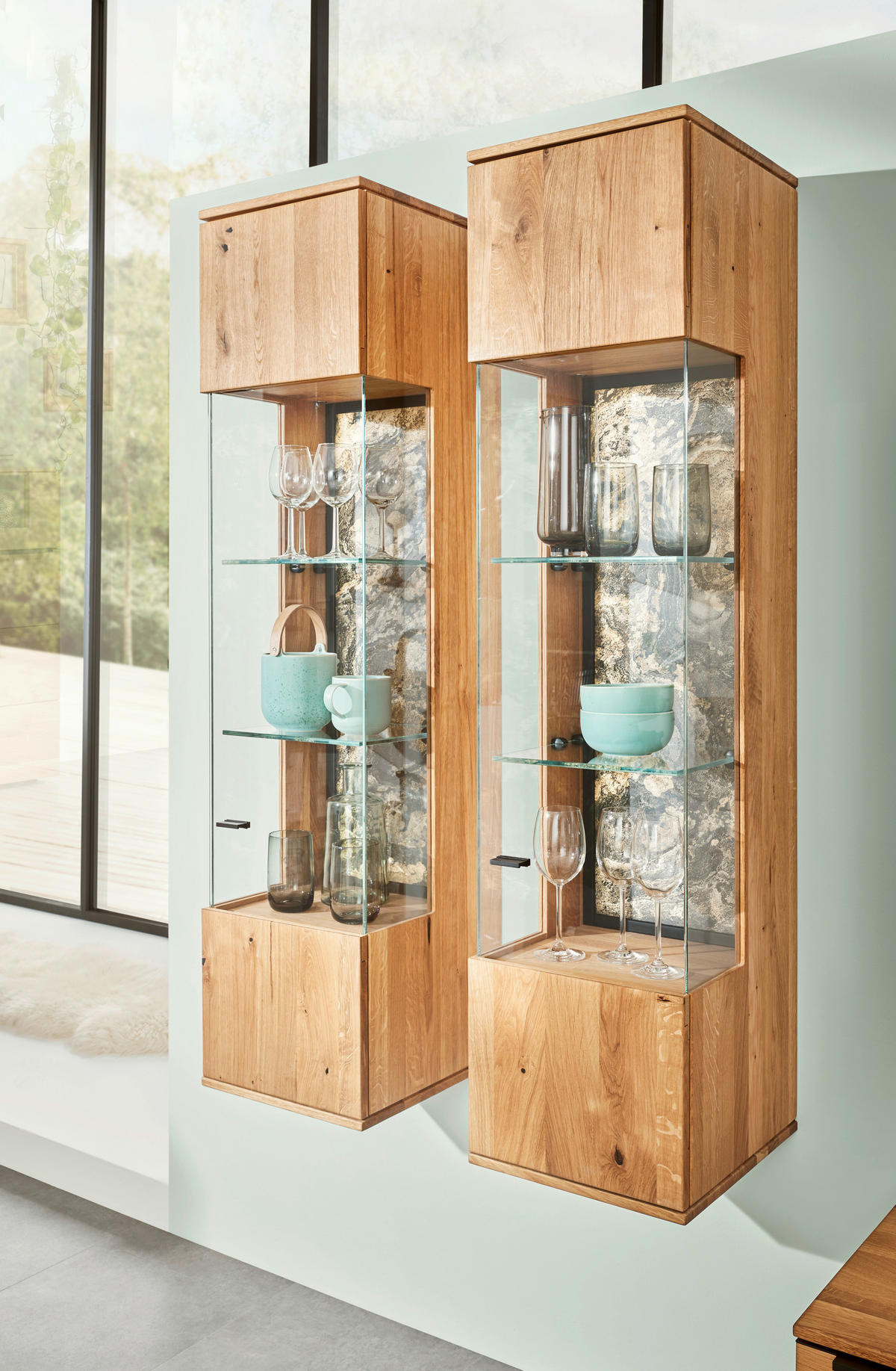 WOHNWAND  in Eichefarben 320/200,8/53,7 cm  - Eichefarben/Schwarz, Natur, Glas/Holz (320/200,8/53,7cm) - Valnatura