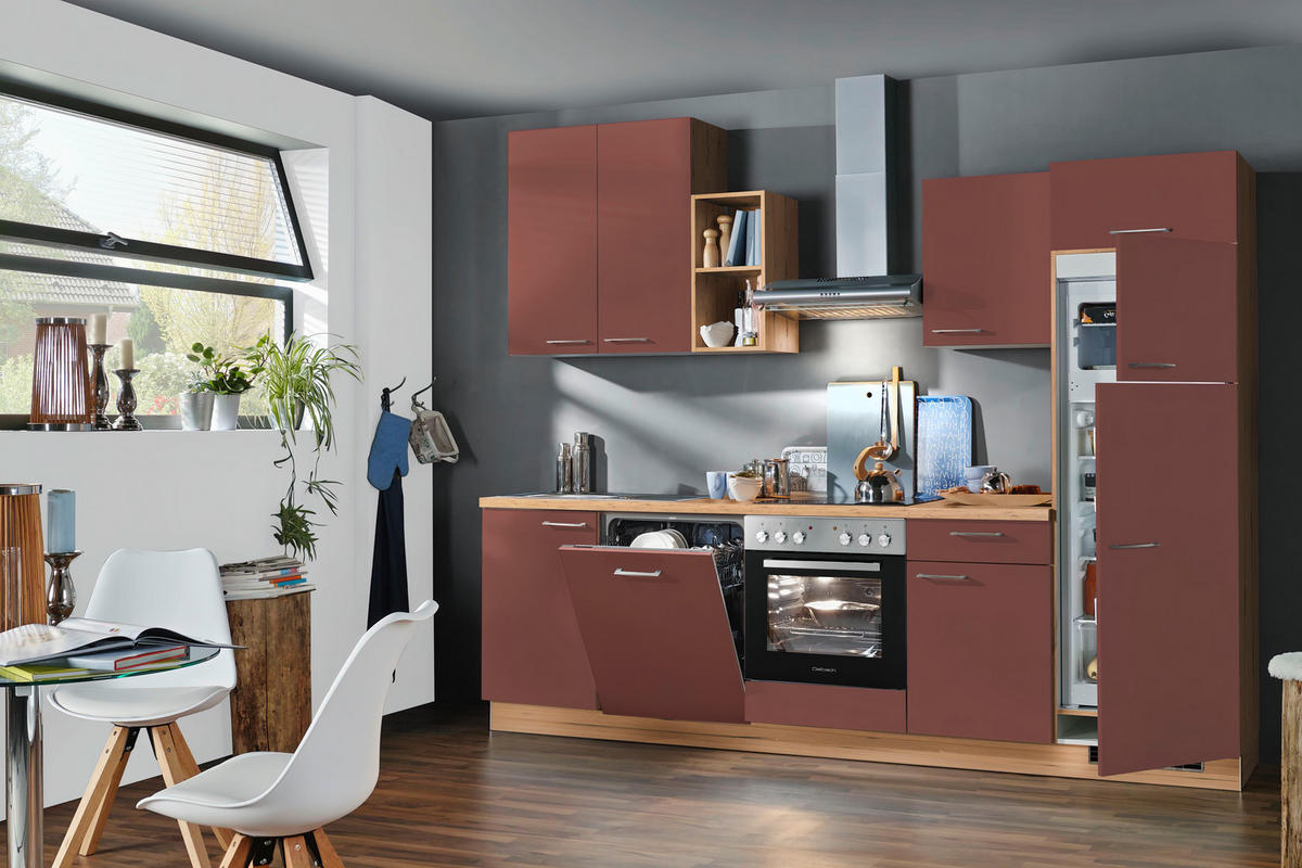 KÜCHENBLOCK 280 cm   in Eichefarben, Rot  - Edelstahlfarben/Eichefarben, KONVENTIONELL, Holzwerkstoff/Metall (280cm) - Welnova