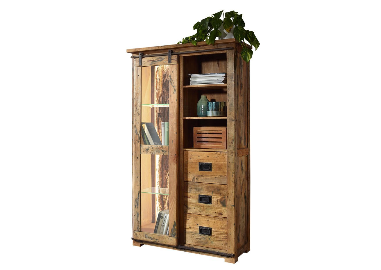 VITRINE in massiv Mangoholz Braun, Schwarz  - Schwarz/Braun, KONVENTIONELL, Glas/Holz (100/175/45cm) - Livetastic