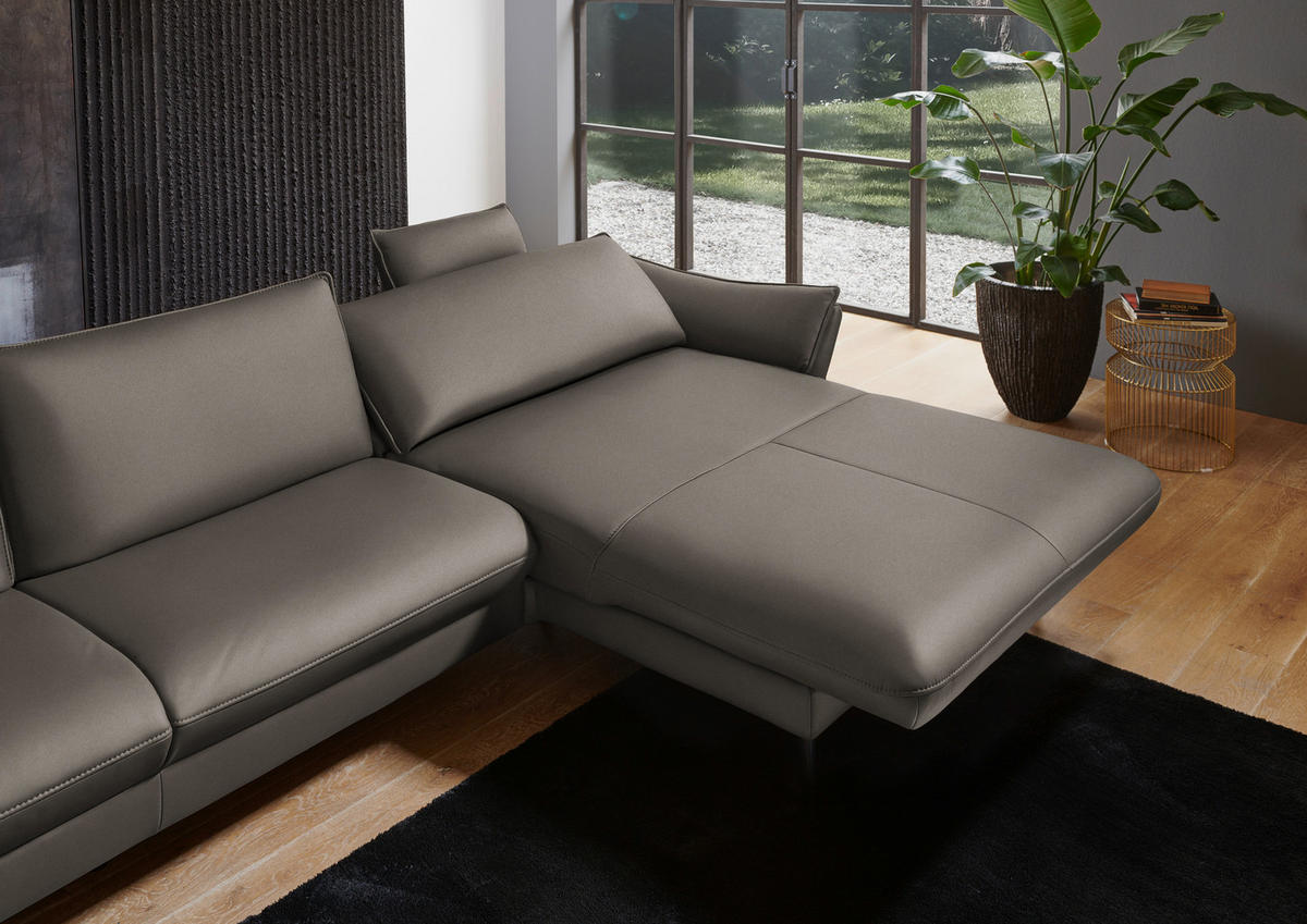 ECKSOFA in Echtleder Graubraun  - Graubraun/Schwarz, Design, Leder/Metall (334/172cm) - Valdera