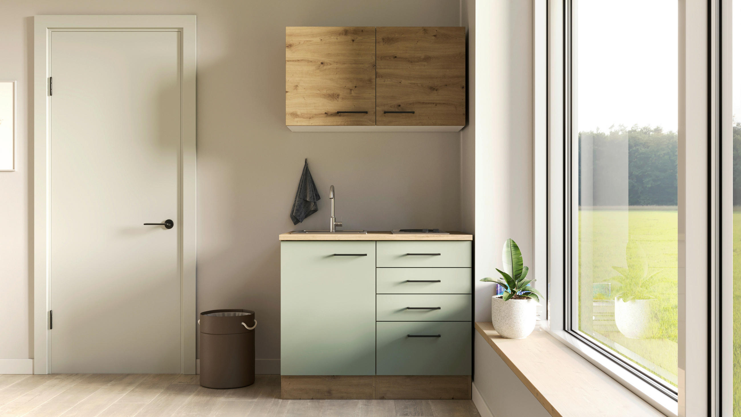 MINIKÜCHE 100 cm   in Grün, Eiche Artisan  - Schwarz/Eiche Artisan, MODERN, Holzwerkstoff/Metall (100cm) - FlexWell