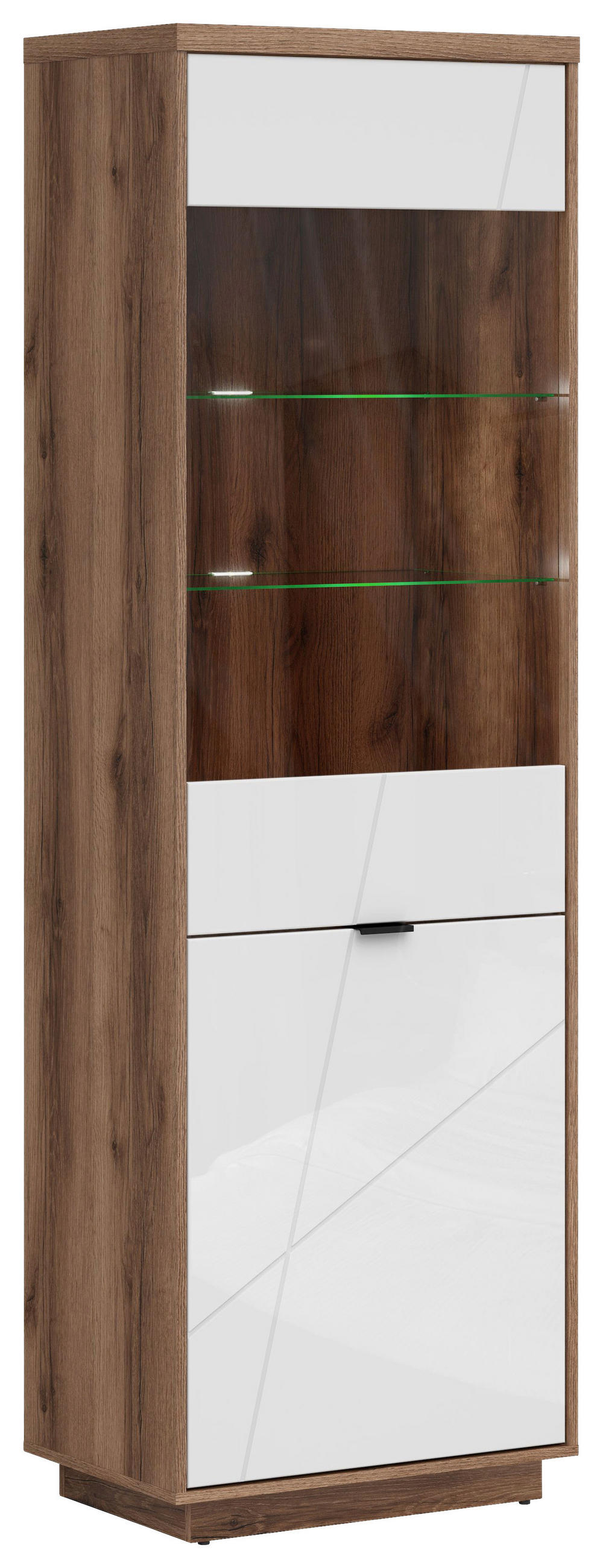 VITRINA boja hrasta, bela visoki sjaj   - boja hrasta/bela visoki sjaj, Dizajnerski, staklo/metal (64/200,5cm) - Xora