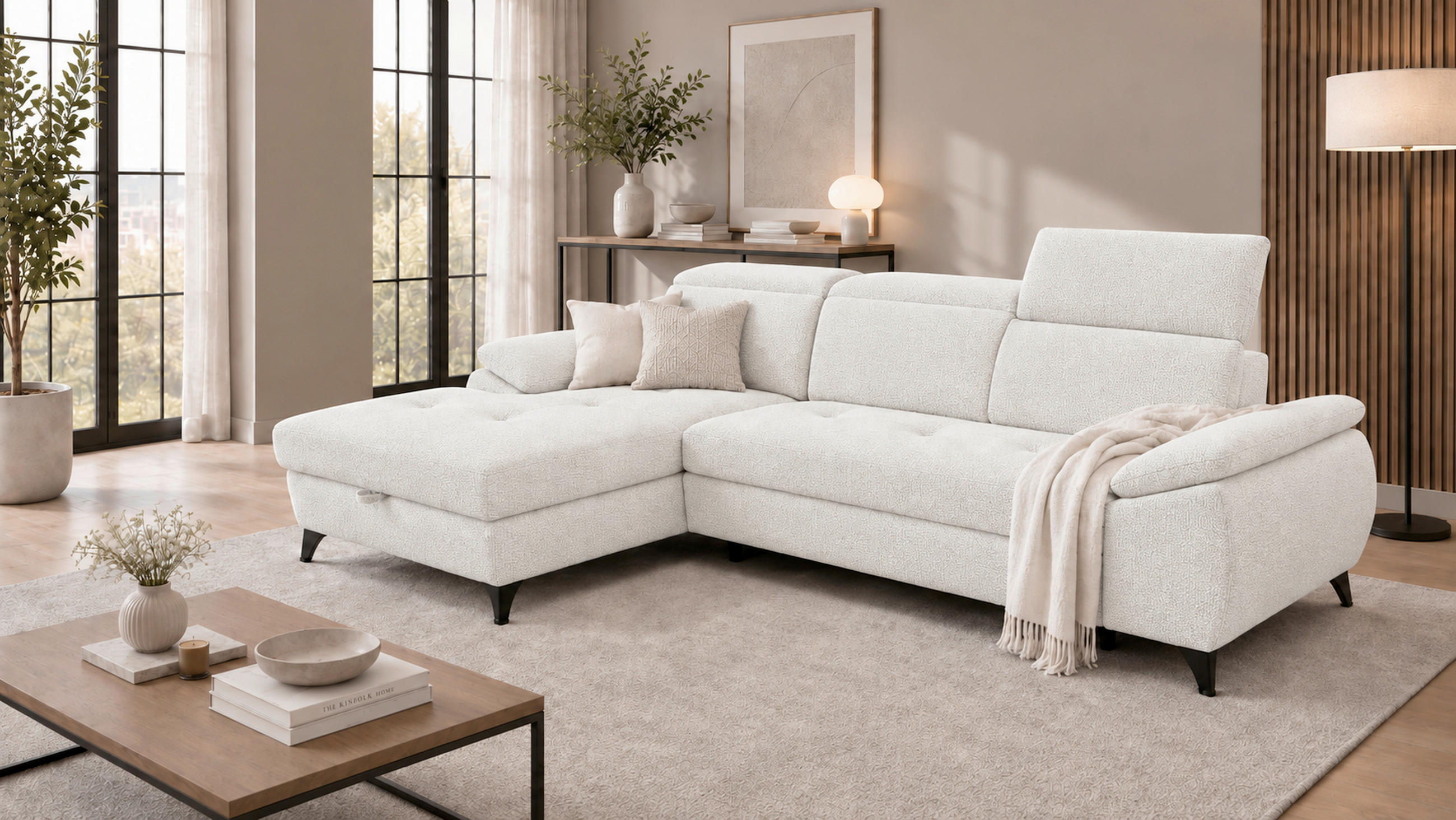 ECKSOFA TAOS Creme, Weiß Struktur Bettkasten, Rücken echt, Kopfteilverstellung, Stauraum  - Creme/Schwarz, Basics, Holz/Textil (281/166cm) - MID.YOU