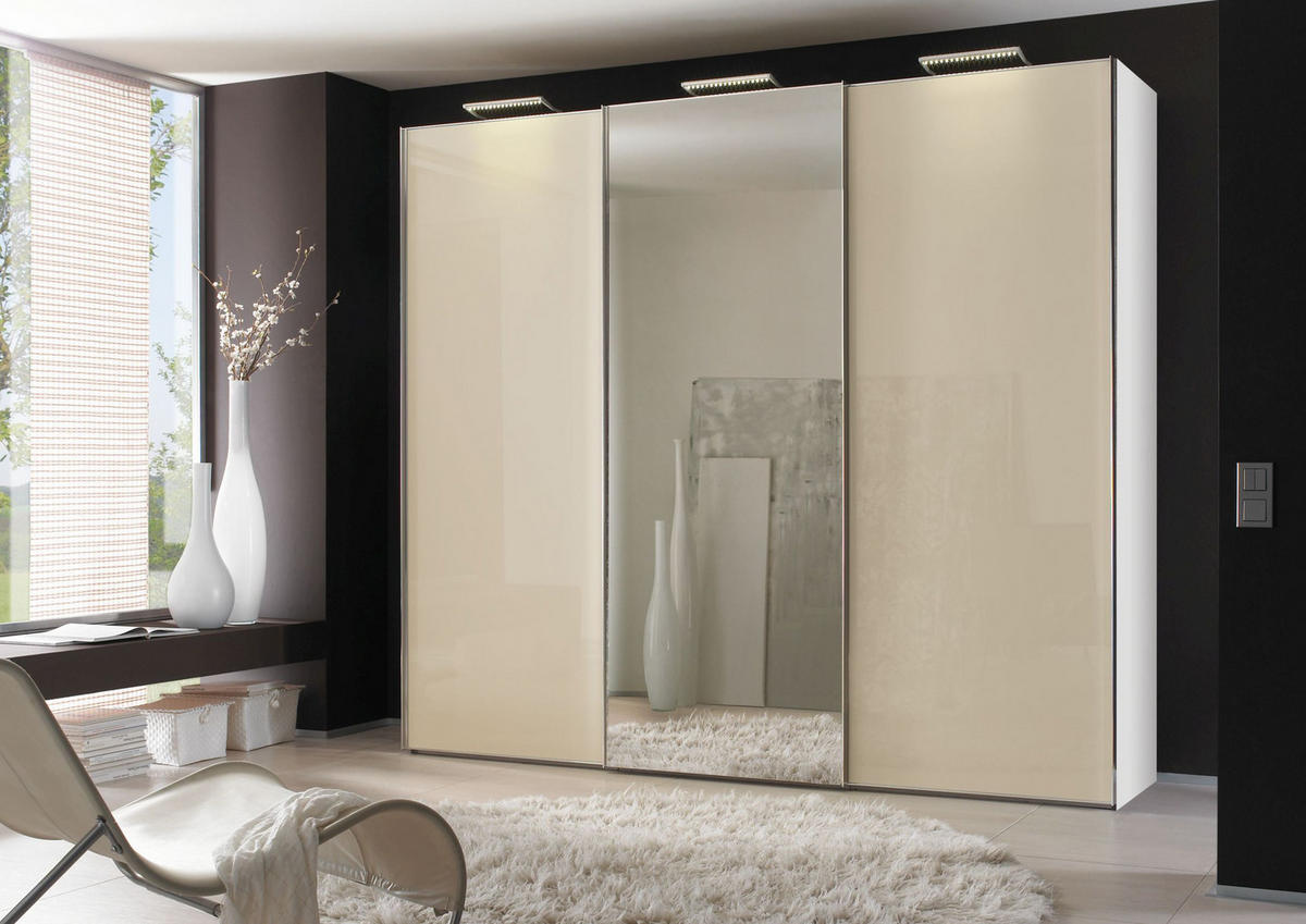 ORMAR - VISEĆA KLIZNA VRATA bela, svetlobraon  336/240/68 cm  - boja hroma/bela, Dizajnerski, staklo/metal (336/240/68cm) - Moderano