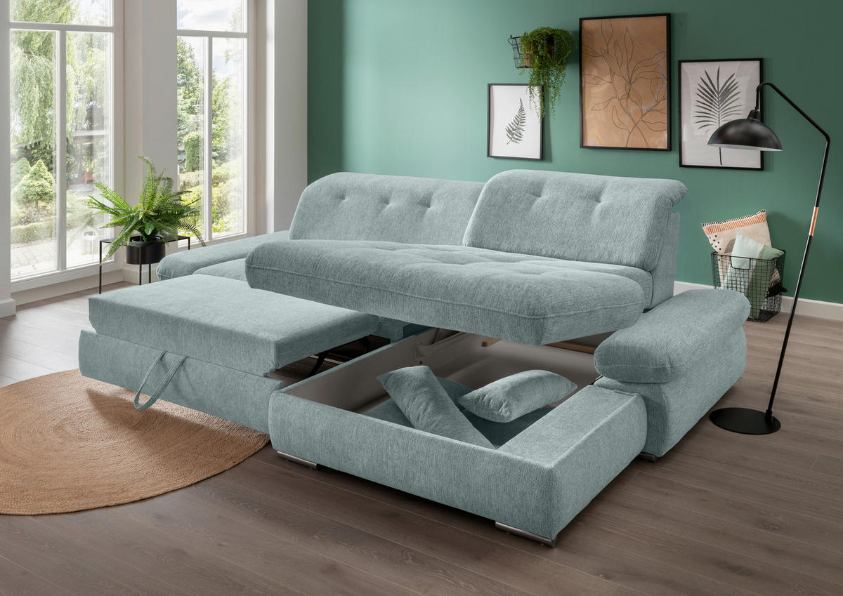 ECKSOFA Blau Chenille  - Chromfarben/Blau, Design, Textil/Metall (300/196cm) - Livetastic