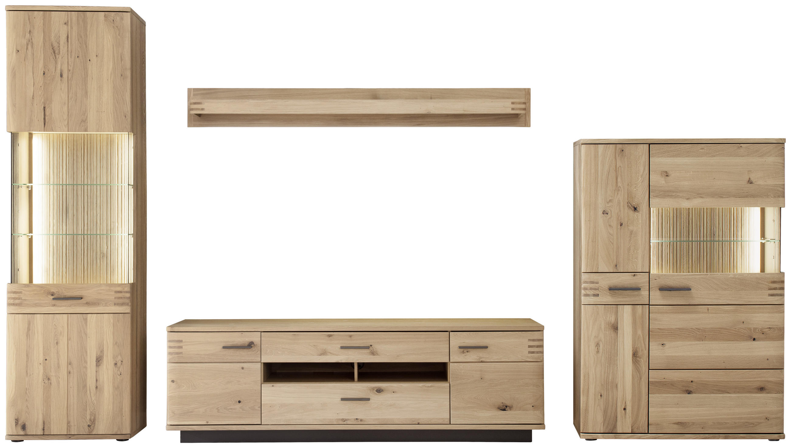 WOHNWAND Balkeneiche furniert, massiv Eichefarben Einlegeböden - Eichefarben/Anthrazit, Design, Glas/Holz (350/208/50cm) - Livetastic