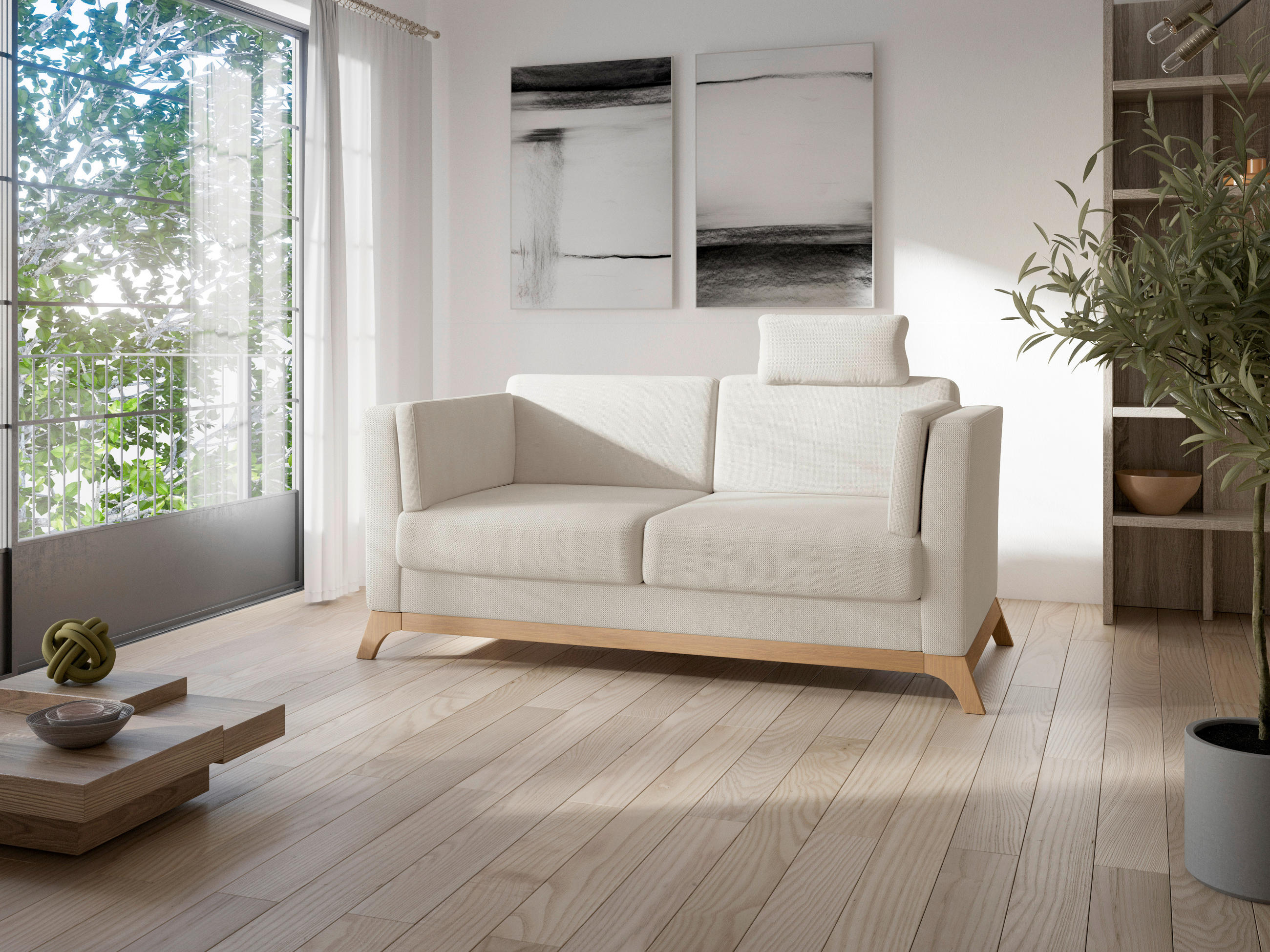 2,5-SITZER Flachgewebe Creme  - Eichefarben/Creme, KONVENTIONELL, Holz/Textil (183/84/93cm) - Sit & More
