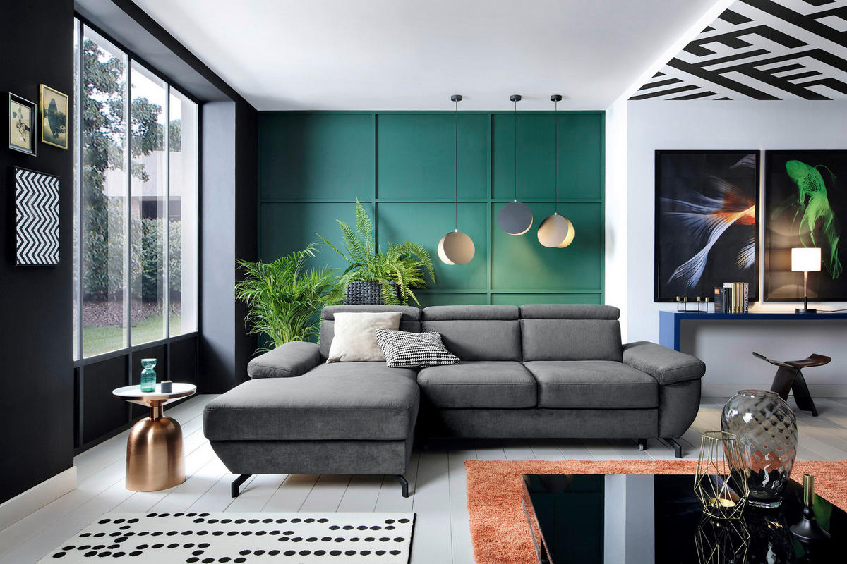 ECKSOFA in Velours Anthrazit  - Anthrazit/Silberfarben, MODERN, Textil/Metall (182/262cm) - Trendmanufaktur