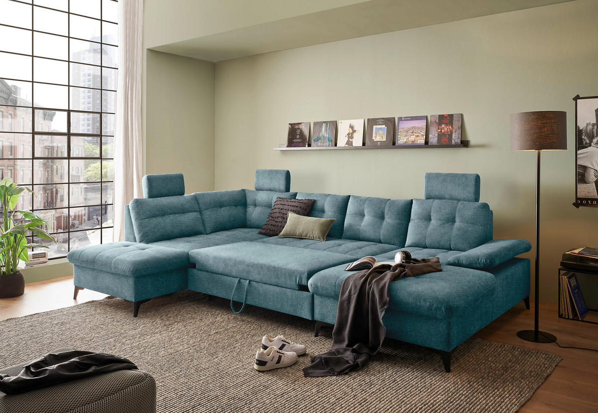 WOHNLANDSCHAFT in Webstoff Blau  - Blau/Schwarz, Konventionell, Kunststoff/Textil (218/324/170cm) - MID.YOU