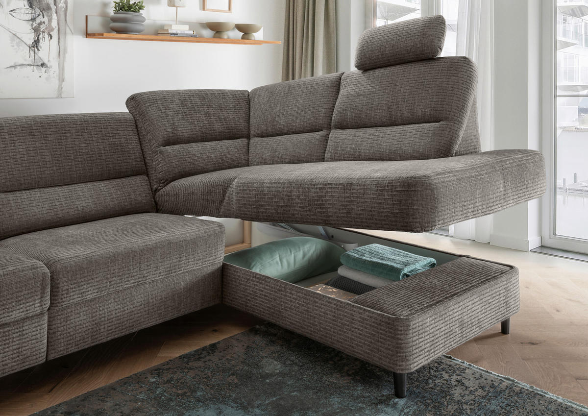 ECKSOFA in Mikrofaser Graubraun  - Graubraun/Schwarz, Modern, Holz/Textil (266/190cm) - Livetastic