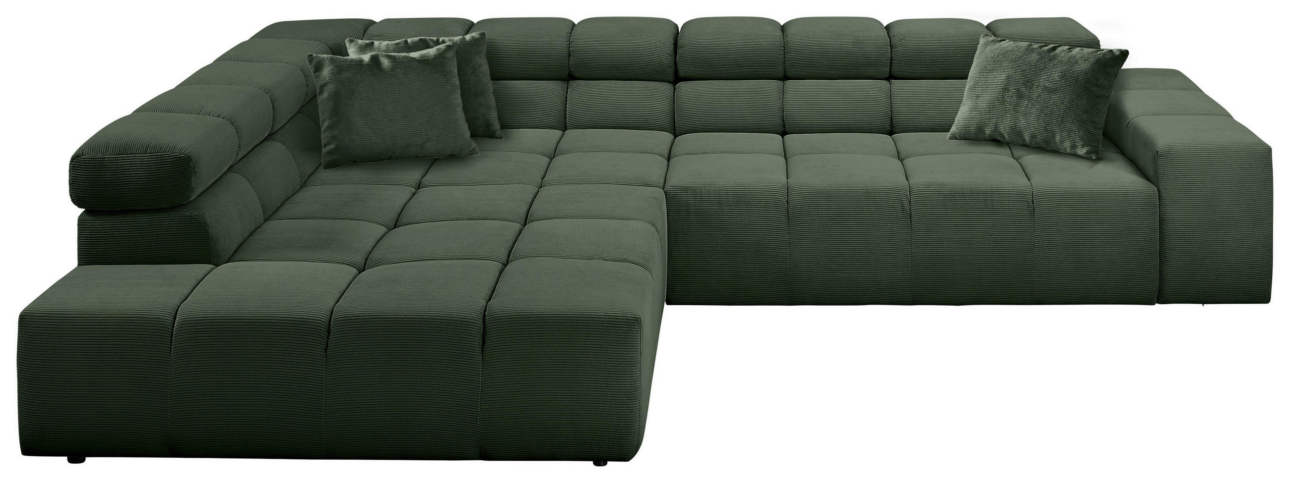 ECKSOFA Olivgrün Feincord Zierkissen, Rücken echt, Kopfteilverstellung  - Schwarz/Olivgrün, Design, Kunststoff/Textil (215/319cm) - Hom`in