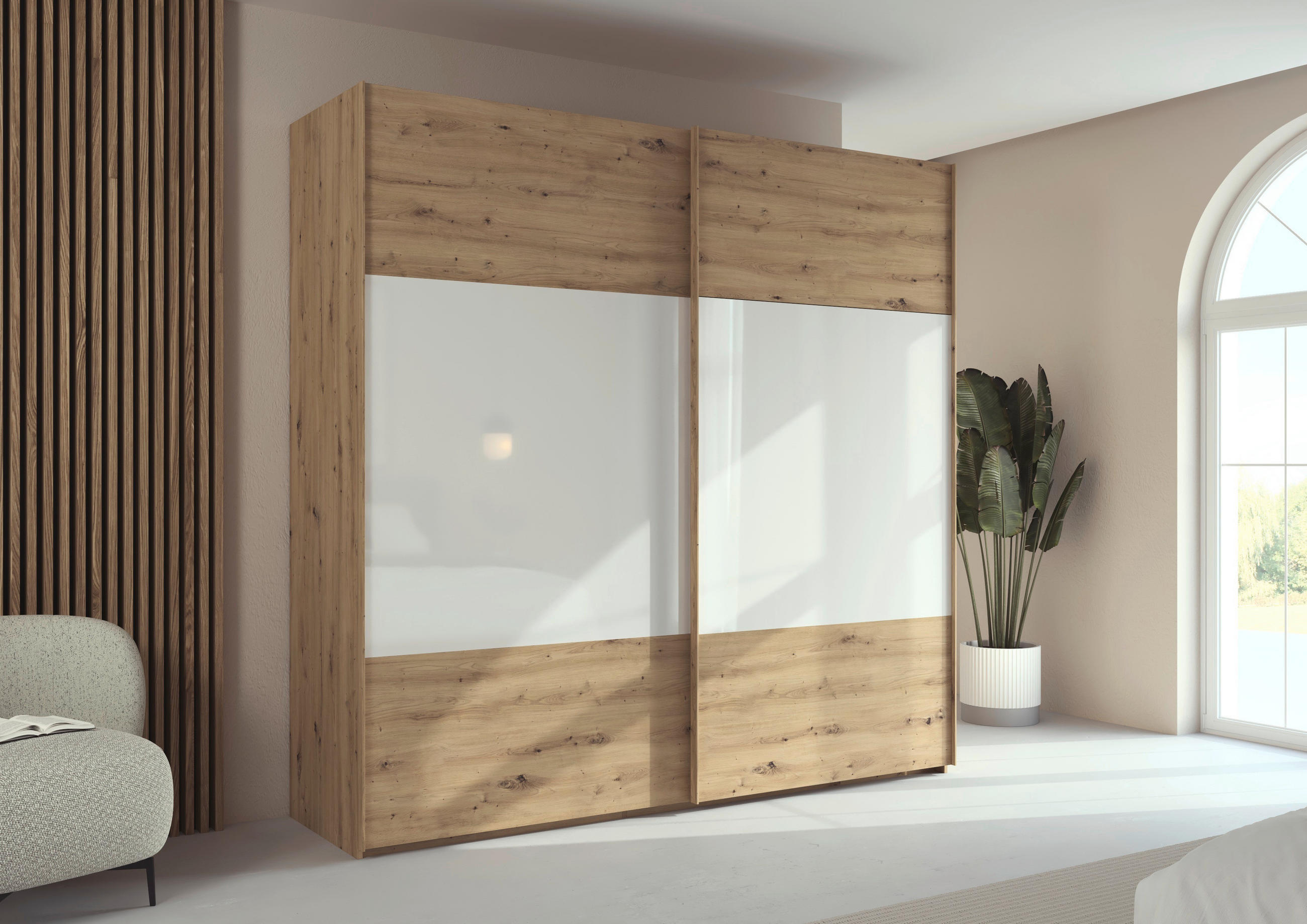 SCHWEBETÜRENSCHRANK 226/223/68 cm 2-türig Weiß, Eiche Artisan  - Eichefarben/Weiß, Design, Glas/Holzwerkstoff (226/223/68cm) - Xora