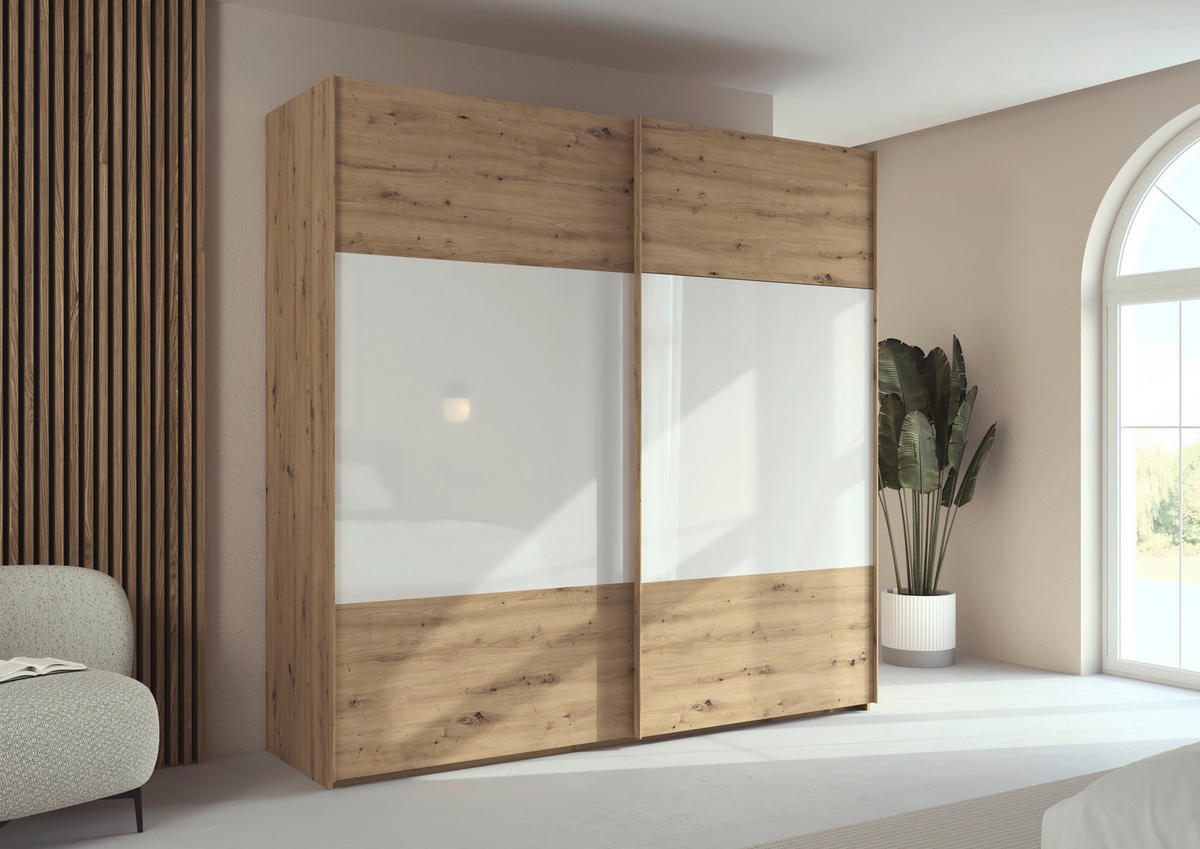 SCHWEBETÜRENSCHRANK 226/223/68 cm 2-türig Weiß, Eiche Artisan  - Eichefarben/Weiß, Design, Glas/Holzwerkstoff (226/223/68cm) - Xora
