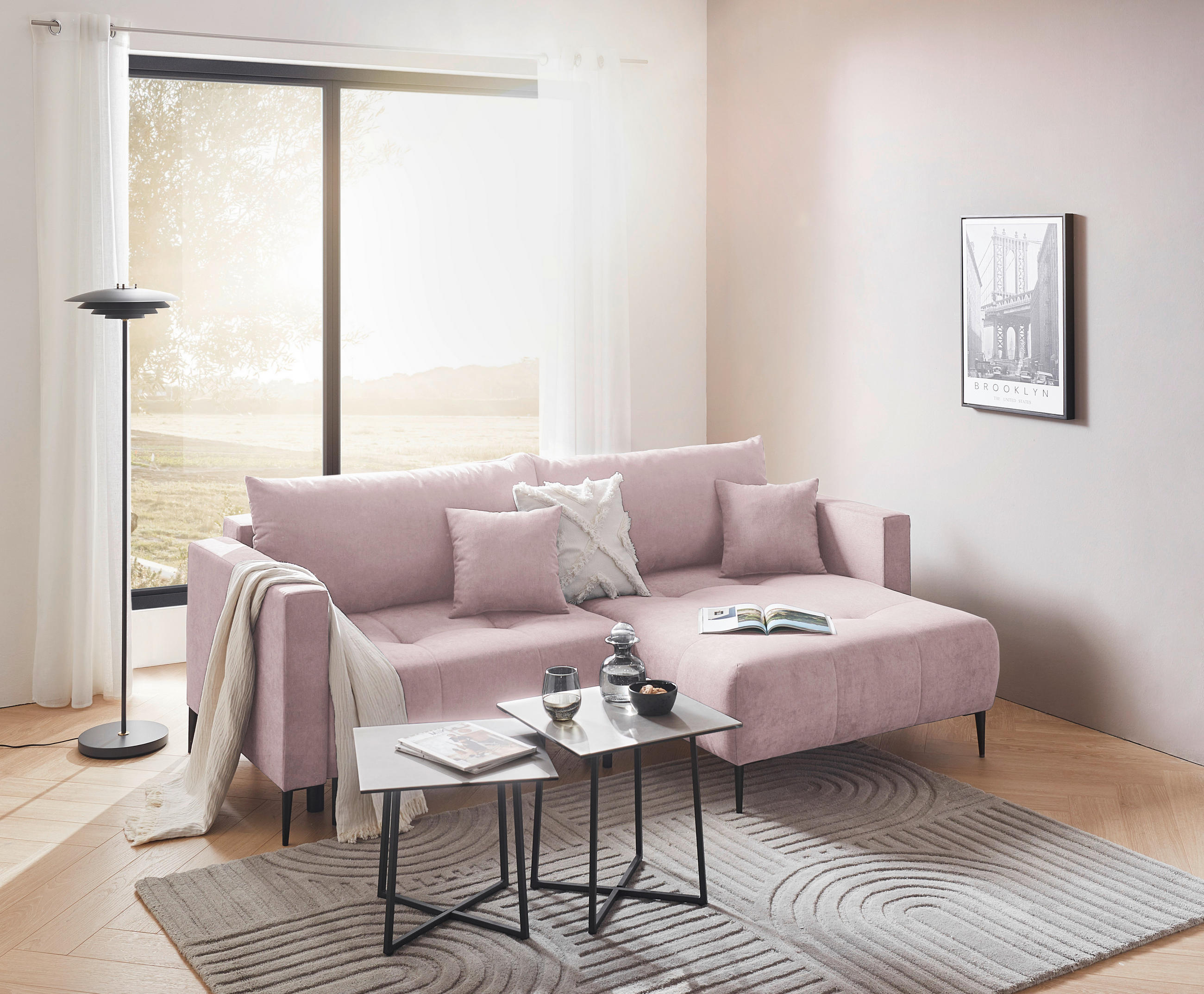 ECKSOFA Rosa Velours  - Schwarz/Rosa, KONVENTIONELL, Textil/Metall (226/155cm) - Carryhome