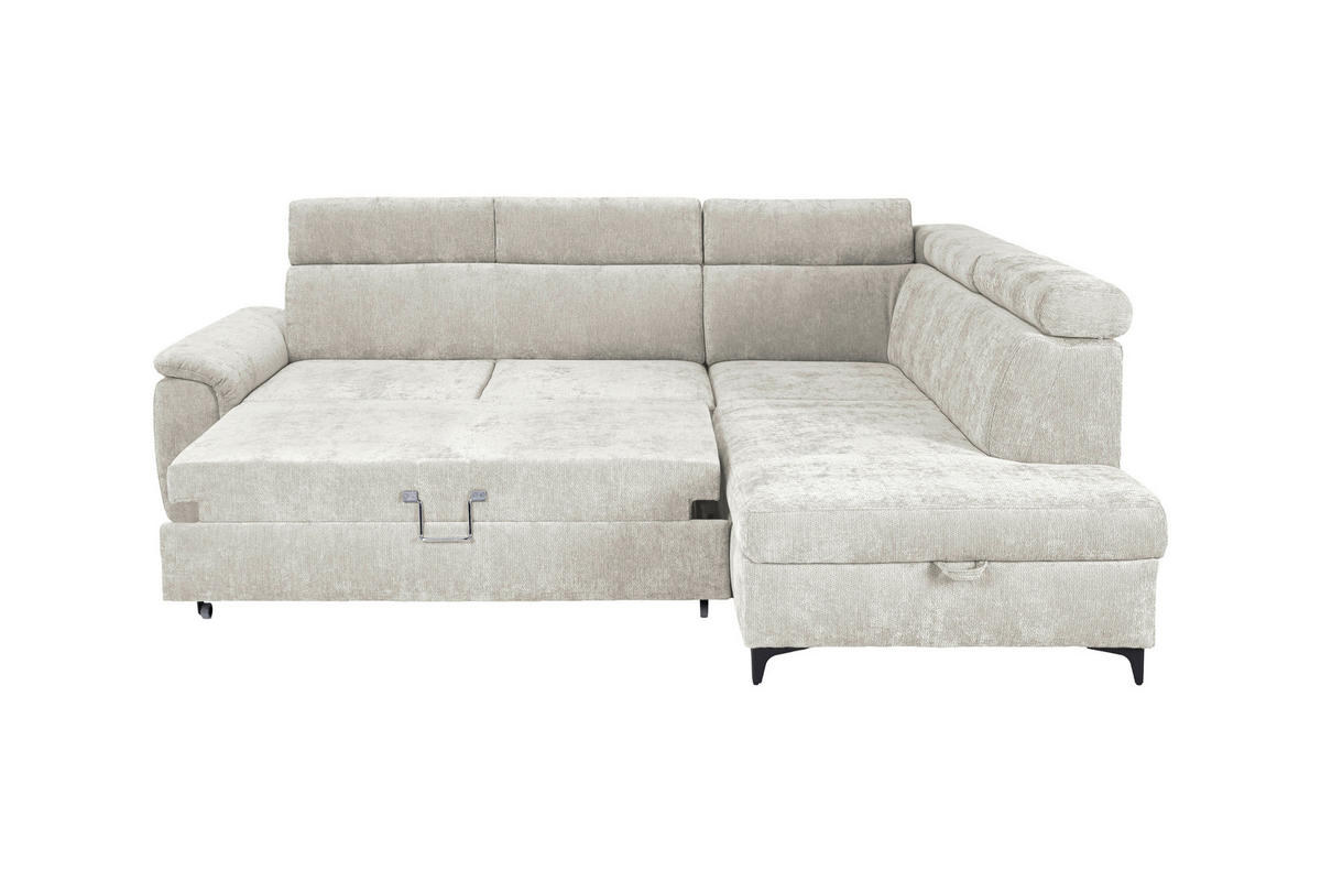 ECKSOFA Elfenbein Chenille Bettkasten, Schlaffunktion, Rücken echt, Kopfteilverstellung, Liegefläche im Originalstoff  - Elfenbein/Schwarz, KONVENTIONELL, Textil/Metall (265/206cm) - Carryhome