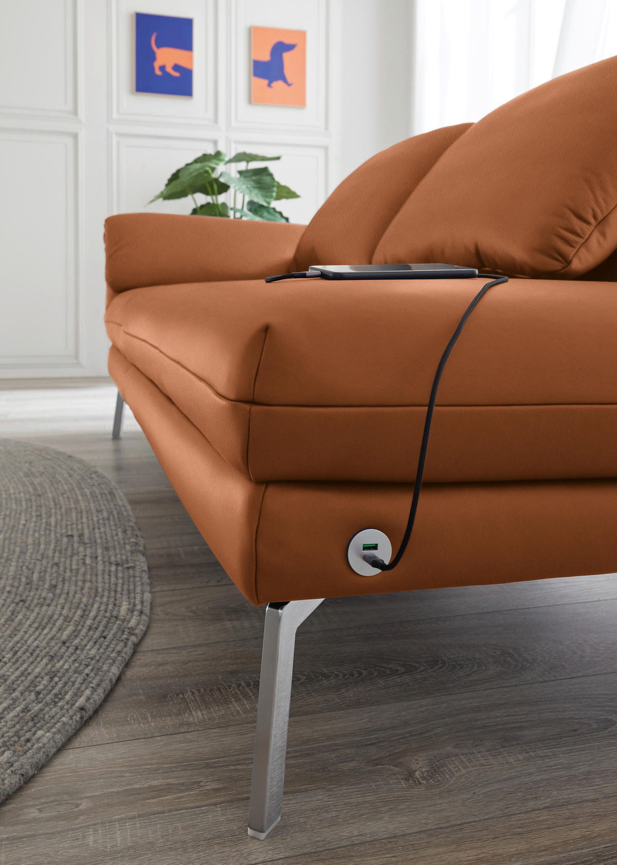 RÉCAMIERE in Echtleder Cognac  - Chromfarben/Cognac, Design, Leder/Metall (209/85-109/95-16cm) - Dieter Knoll